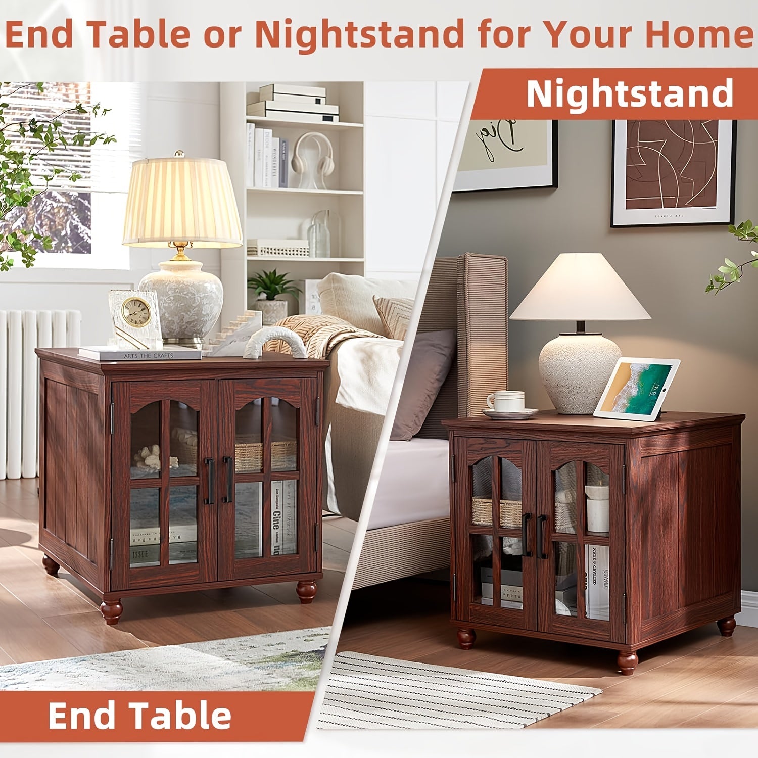 End Table With Charging Station, 24" Large Sofa Side Table With Glass Barn Door, Rustic Wood Night Stand With Adjustable Storage Shelf, Square Bedside Table For Living Room, Bedroom Office