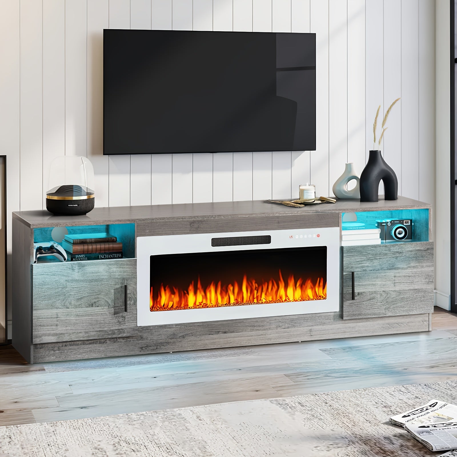 Modern 70" Entertainment Center with 36" Electric Fireplace - White TV Stand for Up to 80" TVs, LED Light Feature, Spacious Storage, US Plug, Ideal for Contemporary Living Room, TV Stand, Fireplace TV Stand