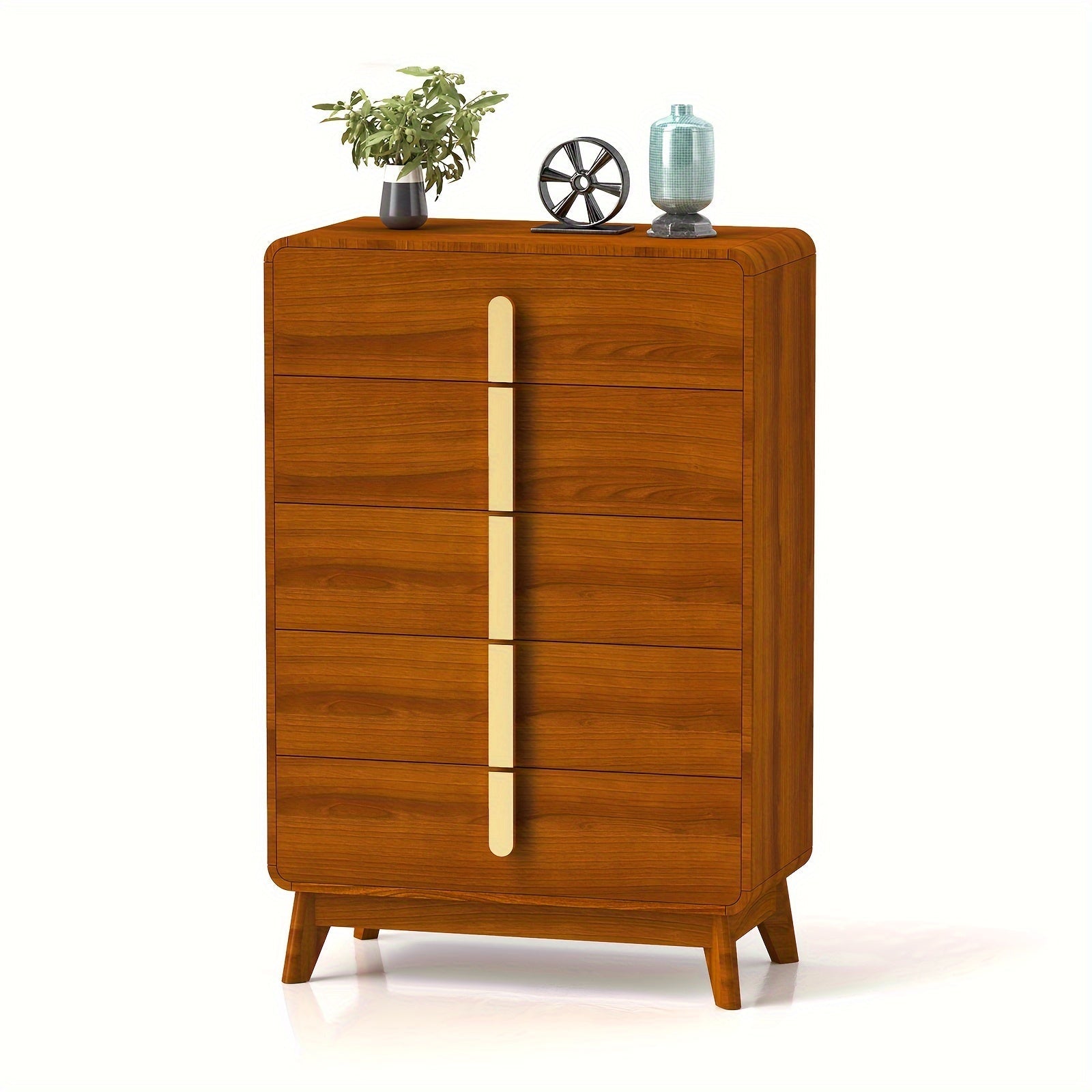 Elegant Cherry 5-Drawer Dresser | Mid-Century Modern Design with Sleek Metal Handles | Spacious Wooden Storage