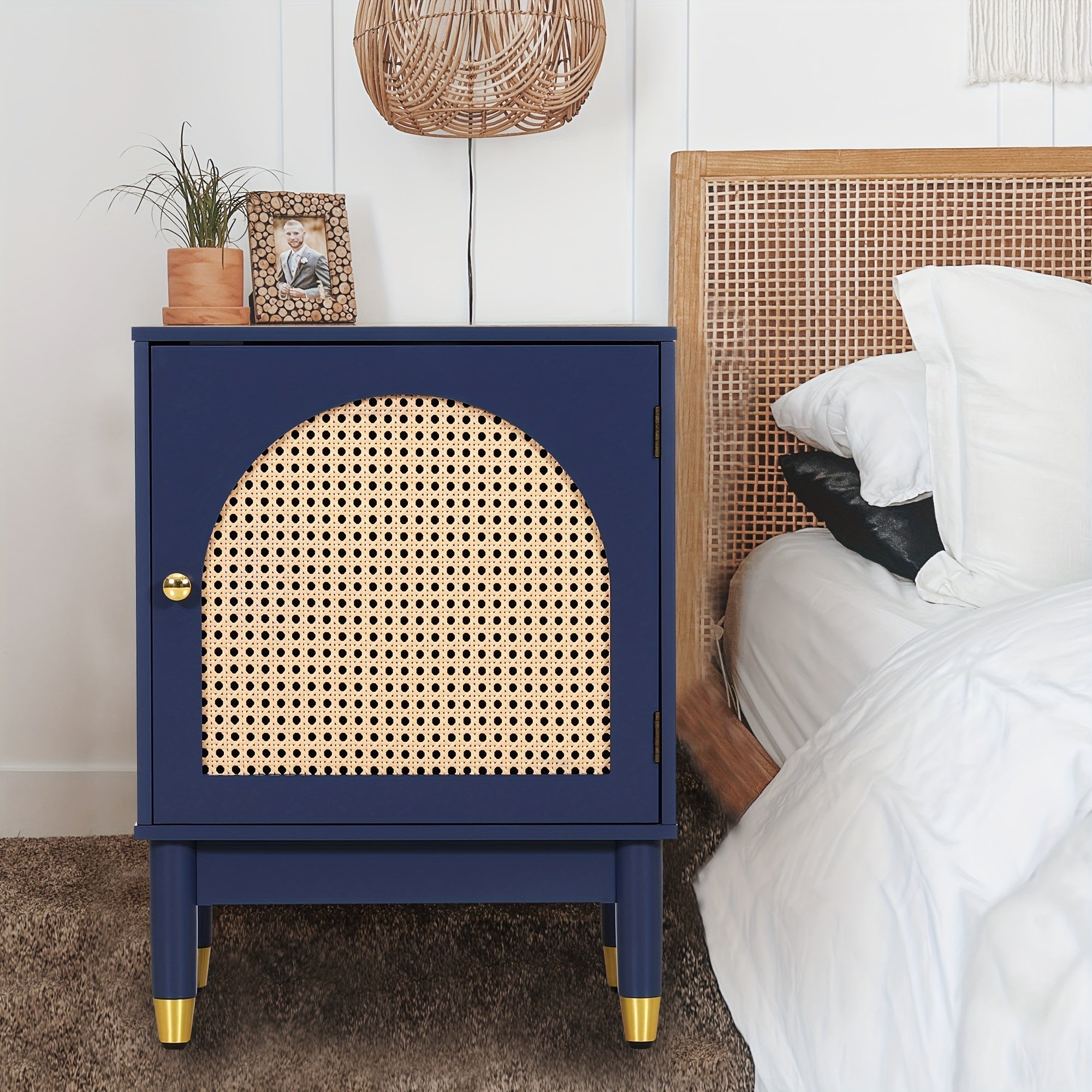 Blue Boho Farmhouse Side Table - Nature's Lodge Rattan Cabinet with Doors, Solid Wood Frame & Legs, Golden Metal Knob for Bedroom, Living Room, Hallway, End Table, Mother Nature's Lodge, Modern Style