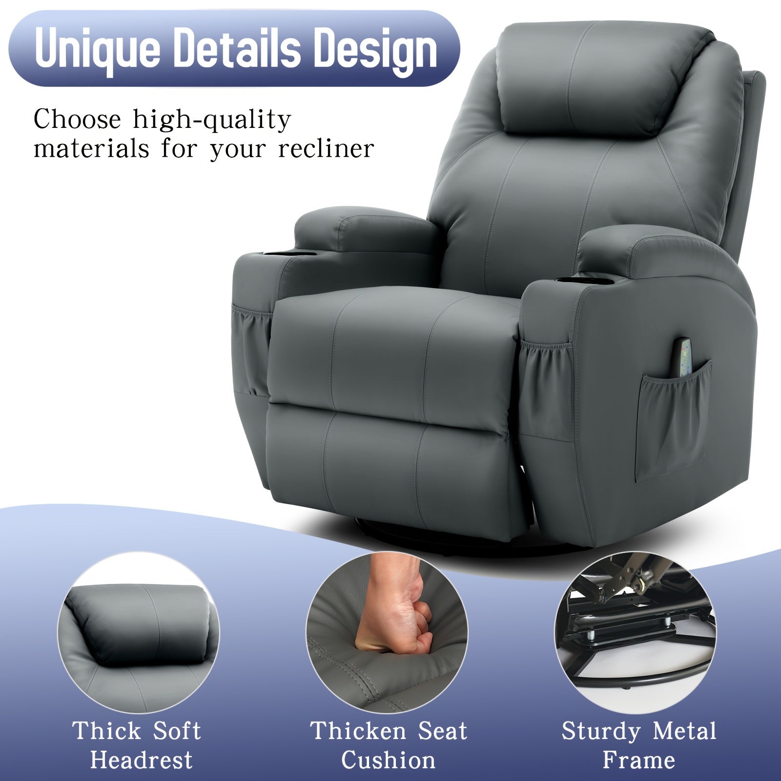 Faux Leather Manual Recliner Chair, Rocking Chair With Massage And Heat, 360° Swivel Recliner Chairs For Adults, Rocker Recliner With Remote Control And Cup Holder For Living Room, Bedroom