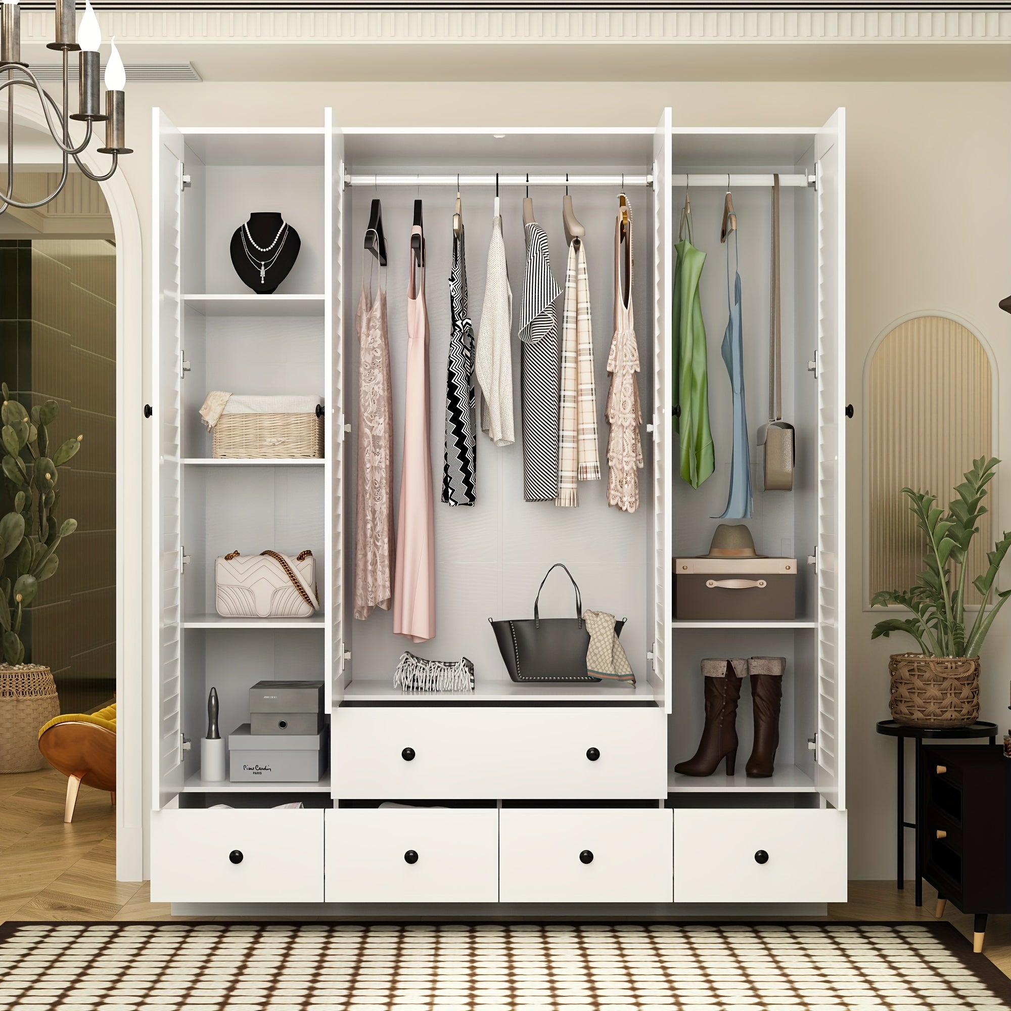 Large Wardrobe Closet With Four Drawers Hanging Rod Area 5 Folding Storage Areas Reasonable Space Allocation Modern
