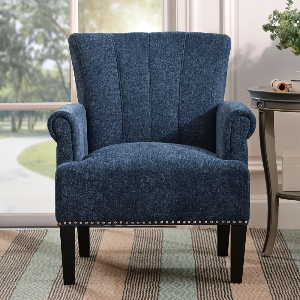 1pc Navy Blue Tufted Accent Armchair - Solid Wood Frame, Polyester Upholstery, Foam Padding, Rivet-Trimmed, Non-Adjustable, Dry Clean Only, Ideal for Hard Floors - Stylish Comfortable Chair