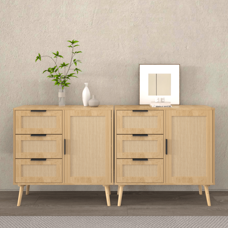 Chic Modern Rattan & Wood Dresser with Natural Woven Texture - 3-Drawer Storage Cabinet with Black Handles, Open Compartments for Bedroom, Living Room, Entryway - No Power Needed, Dresser for Bedroom