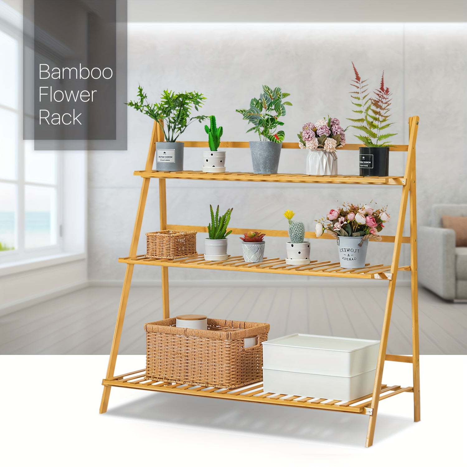 Folding Bamboo Ladder Shelf 3 Tier Flower Pot Plant Display Rack Stand Organizer Holder for Home Garden Patio Balcony Indoor Outdoor Use