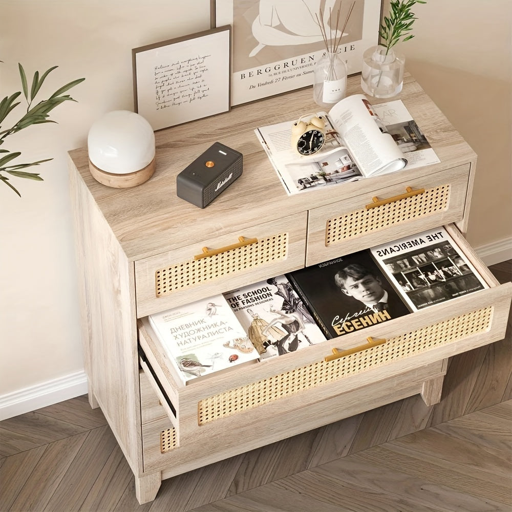 5 Drawer Chest Dresser Rattan 5 Chest Of Drawers For Bedroom Wood Storage Cabinet With Metal Handles For Living Room