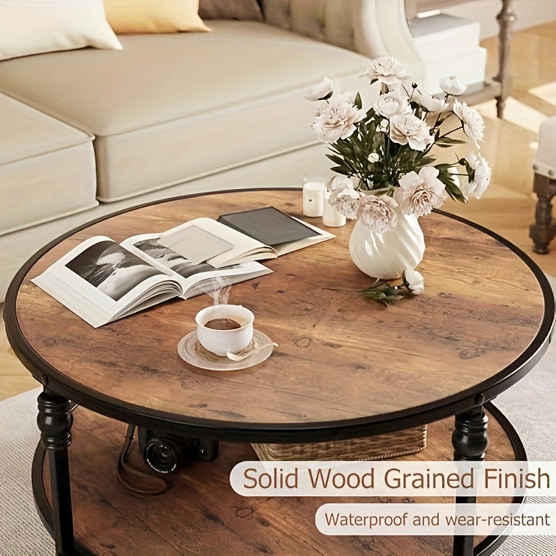 Round Coffee Table for Living Room Rustic Center Table with Storage Shelf Wood Circle Coffee Table with Sturdy Metal Legs, Easy Assembly