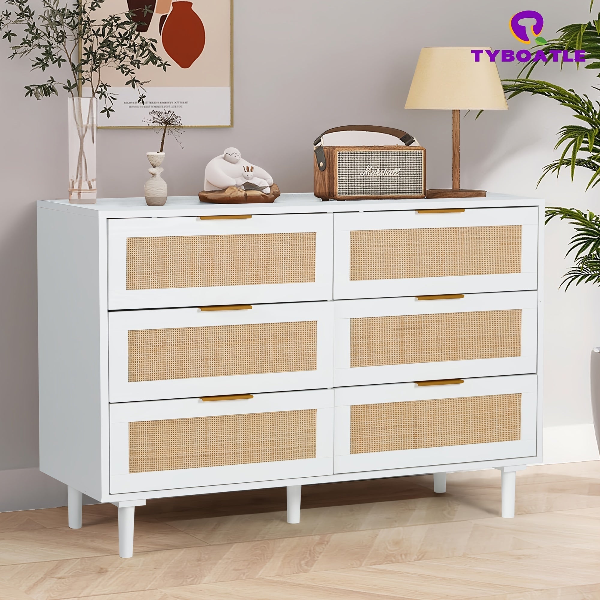 6 6 Drawer Dresser Rattan Dresser Modern Chest With Drawers Wood Storage Closet Dressers Chest Of Drawers - White