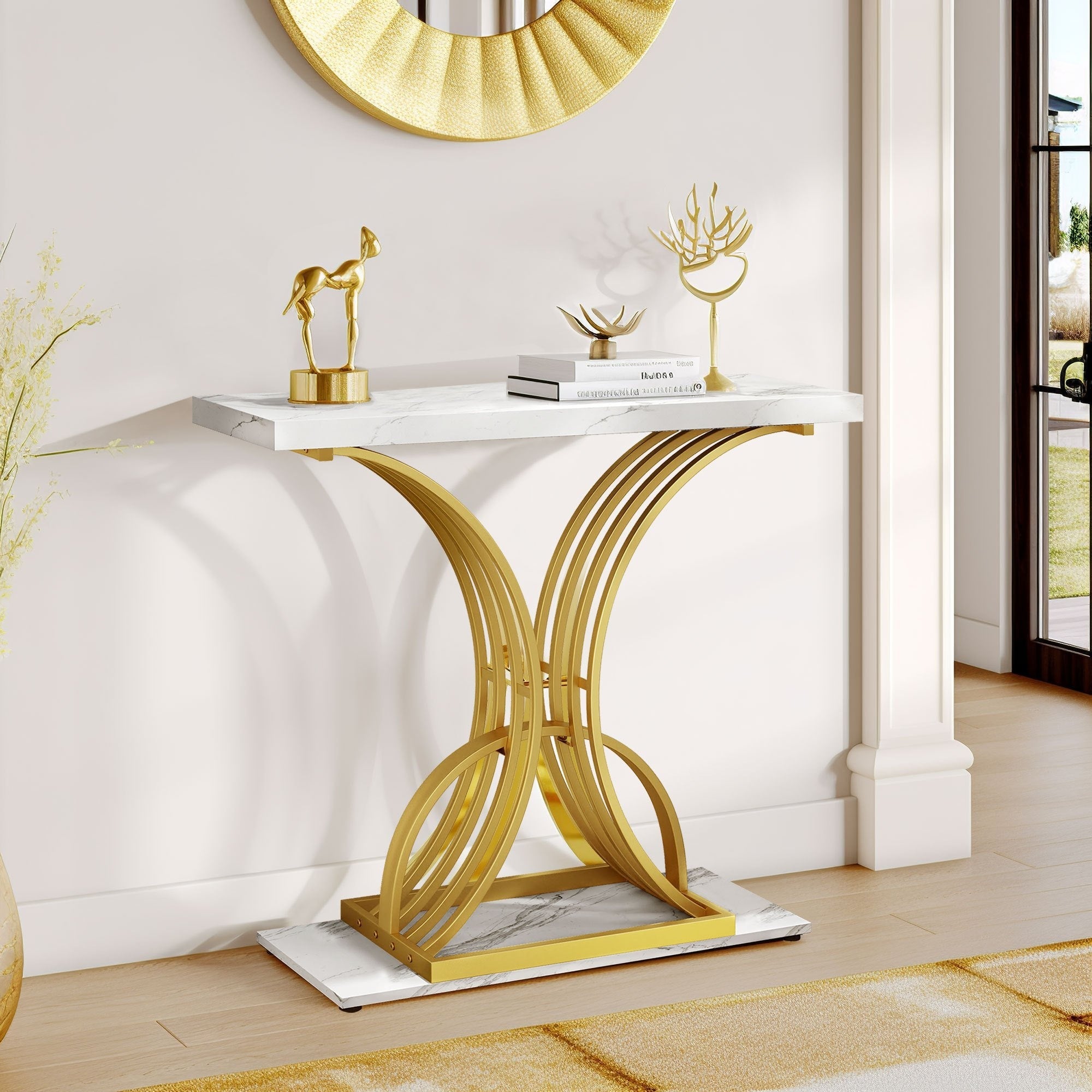 Elegant Marble- Topped Console Table with Adjustable Feet Pads Stylish Accent for Living Room, Entryway Bedroom