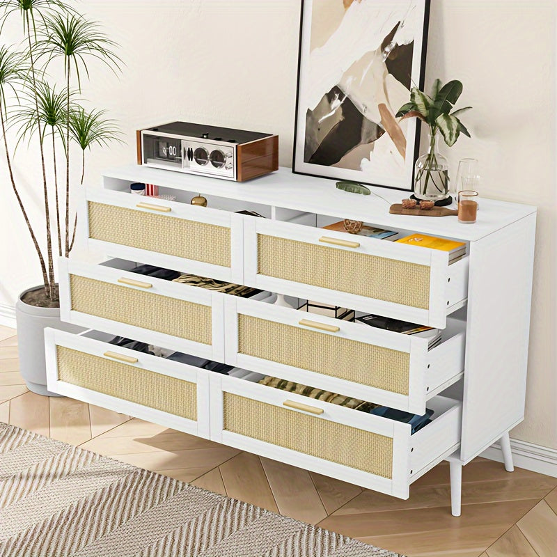 Elegant White Rattan 6-Drawer Dressing Table with Golden Handles | Modern Storage Cabinet with Textured Front Panels
