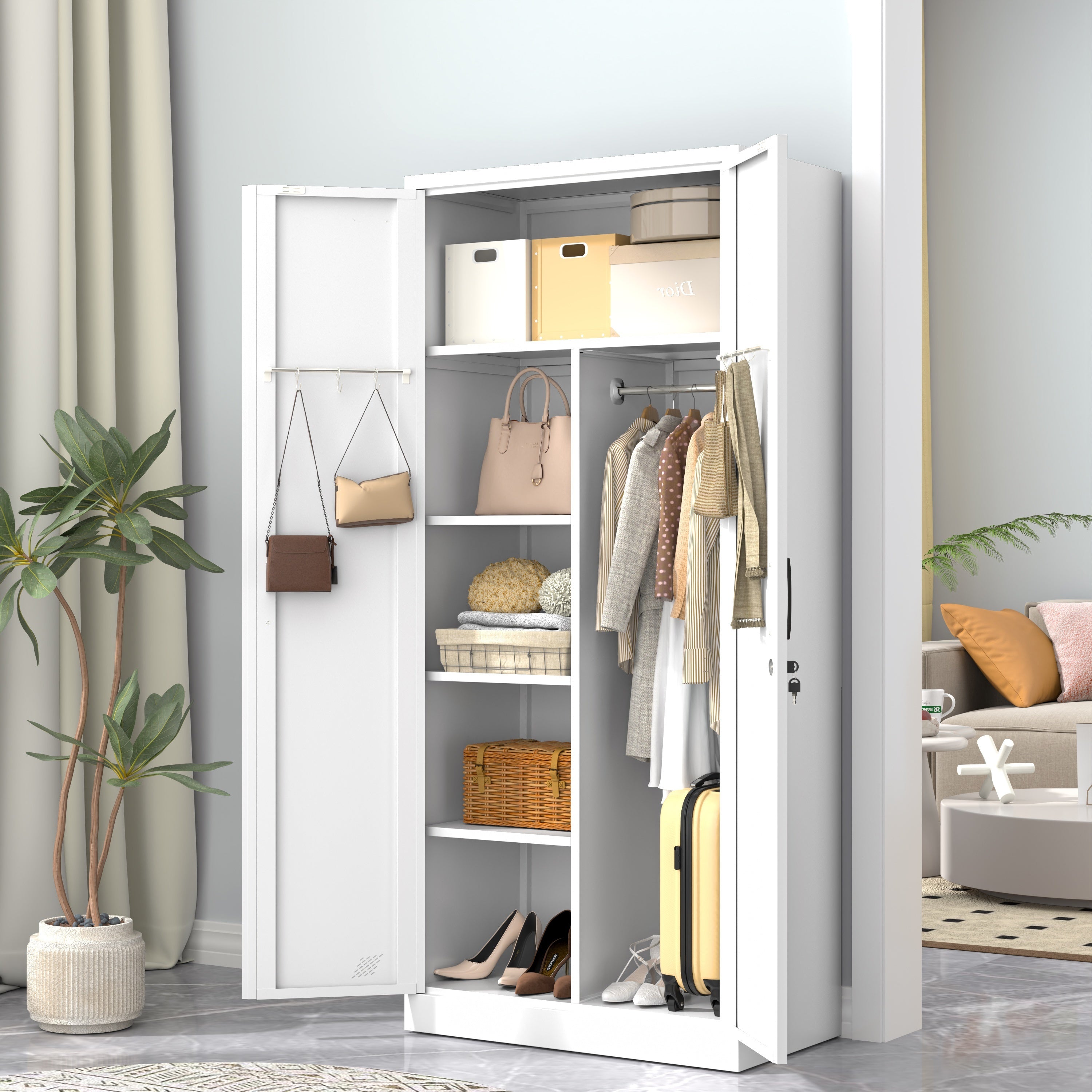 Modern Freestanding Wardrobe Armoire with Metal Handle