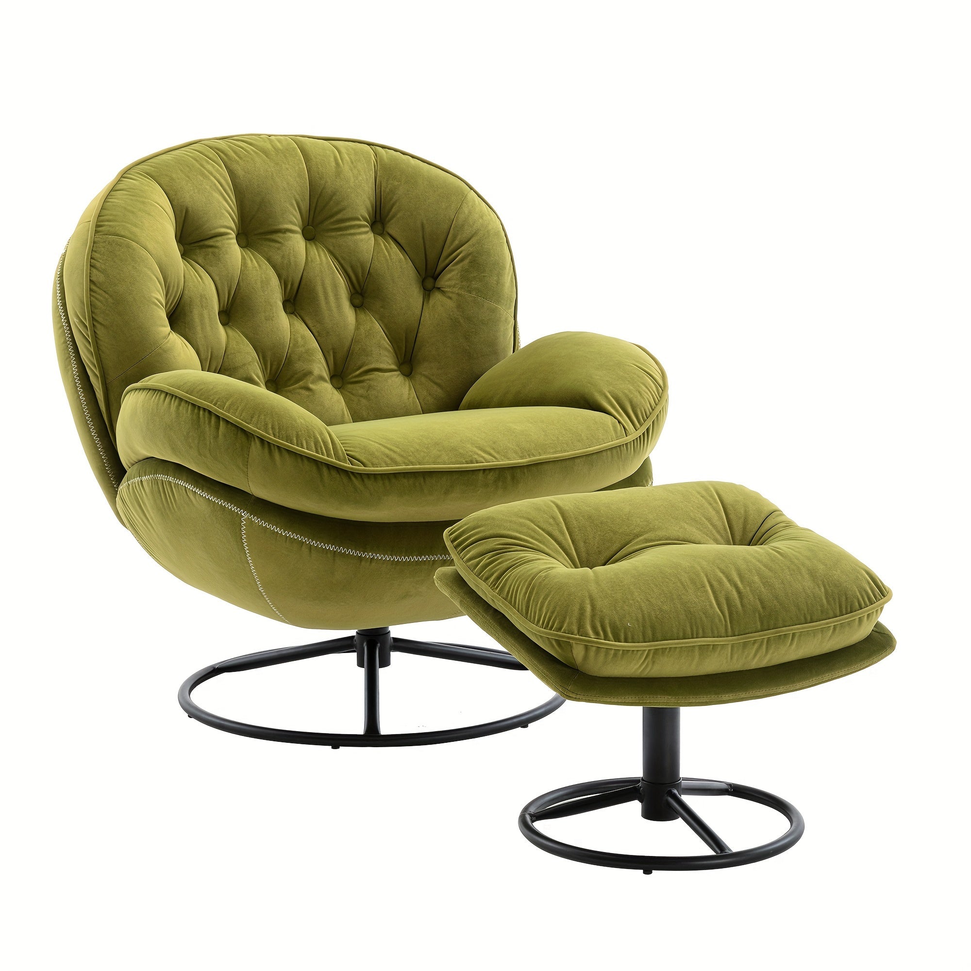 Luxurious Fruit Green Velvet Swivel Accent Chair & Ottoman Set - Modern Tufted Armchair with Footrest, 360° Swivel, Metal Frame, for Living Room or Bedroom Comfort, Bedroom Seating|Stylish Ottoman Set|Metal Frame Chair