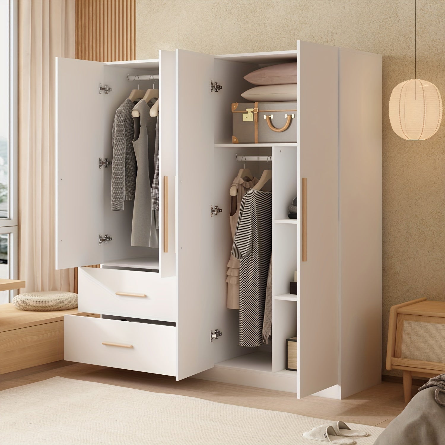 Wardrobe Armoire Wooden Closet with 4 Doors, 2 Drawers, 6 Storage Cubes and 2 Hanging Rods for Bedroom, Large Storage Space, Simple and Stylish, White