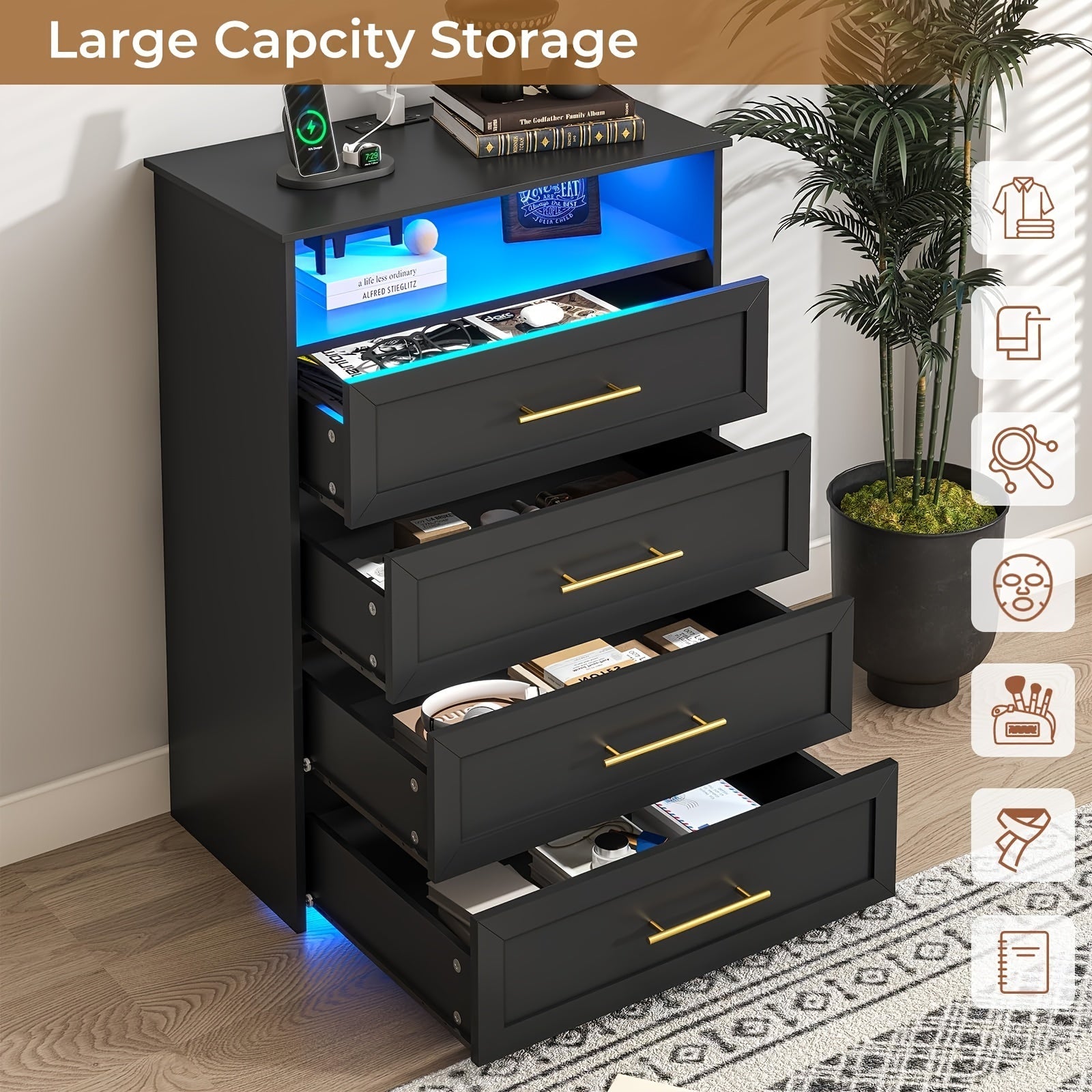 Vanity Dresser 101cm Tall Wood Chest Of Drawers 4 Drawers Dresser For Bedroom With Metal Handle Black Storage Dresser