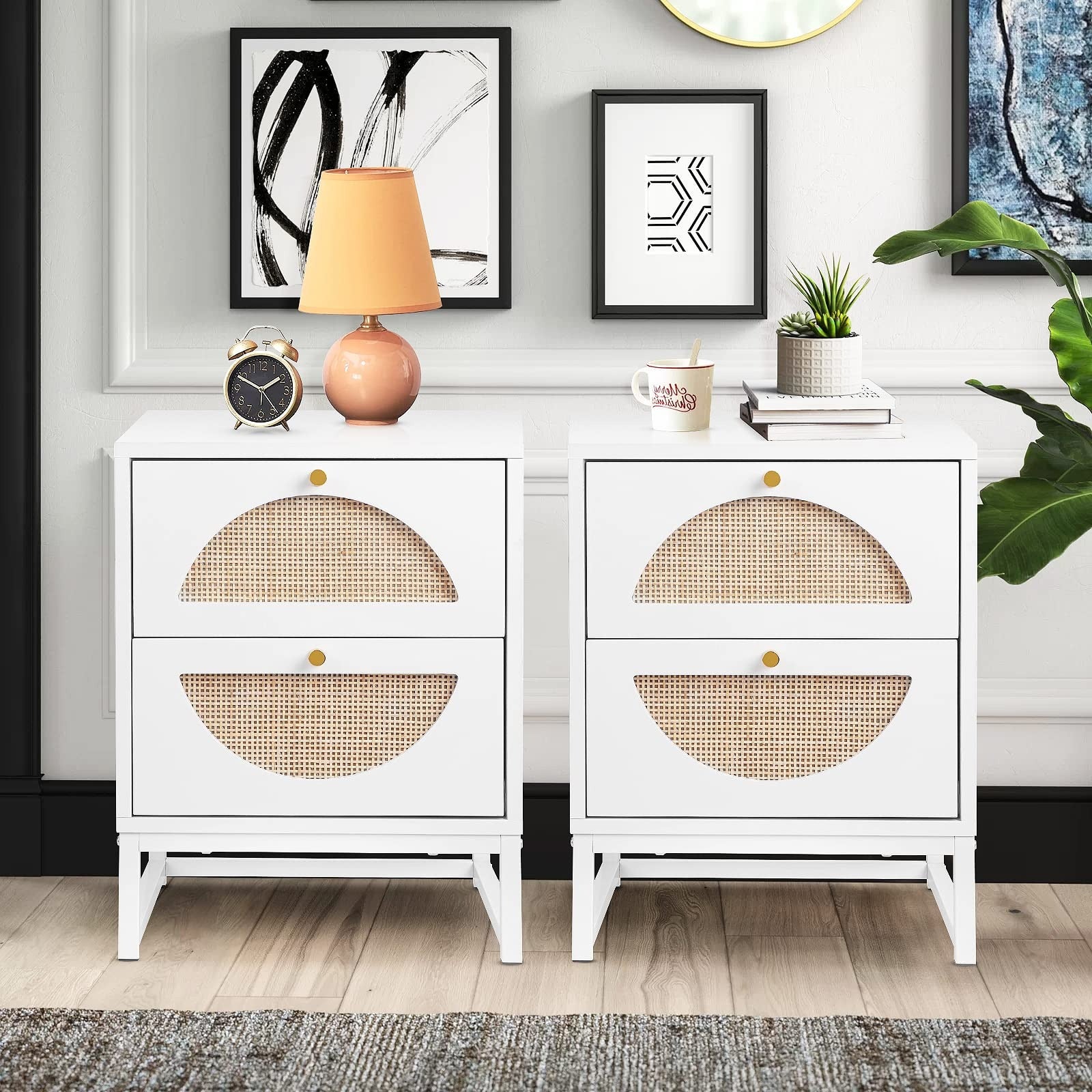 Modern Rattan Nightstand, Multi-Functional Side Table with Two Storage Drawers, Suitable for Living Room, Bedroom and Small Space Storage Table