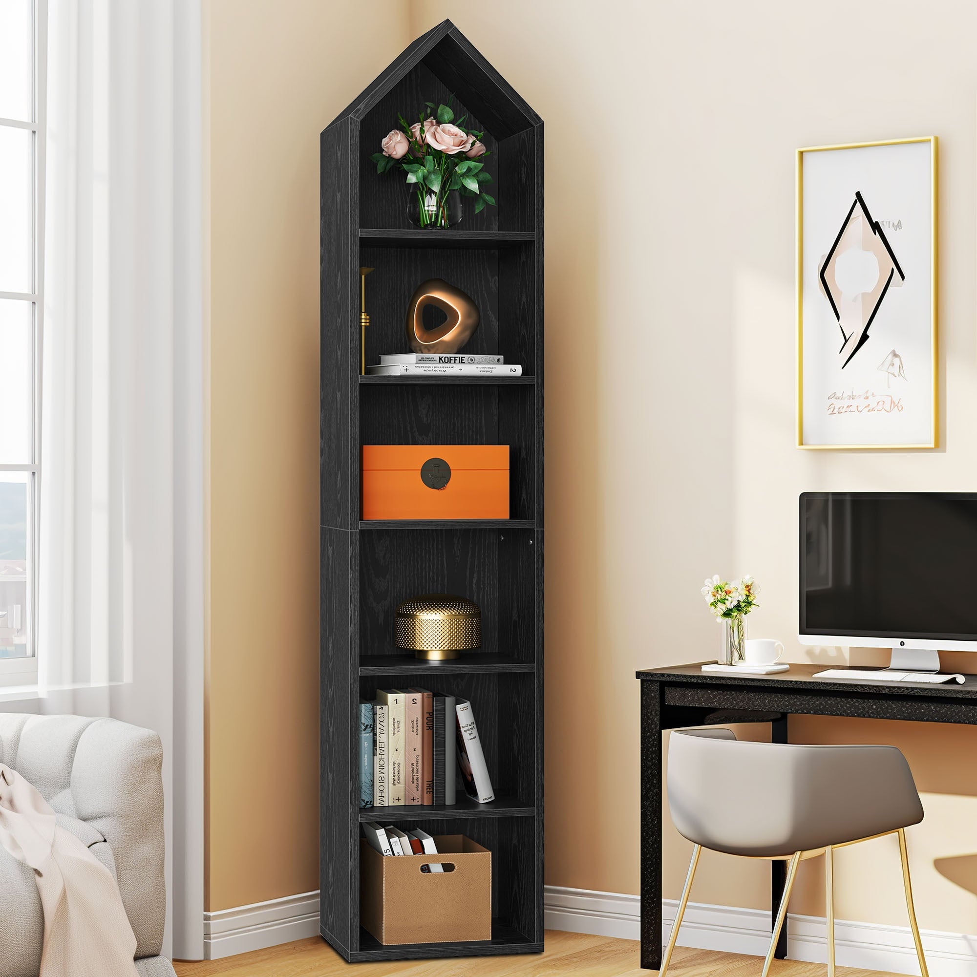 Modern 6- Cube Bookshelf with Adjustable Shelves for Flexible Organization - Embossed black wood panel - Bookshelf