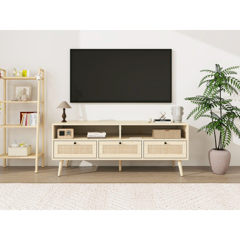 Rattan TV Stand with Solid Wood Feet, TV Console Table for Living Room, Natural