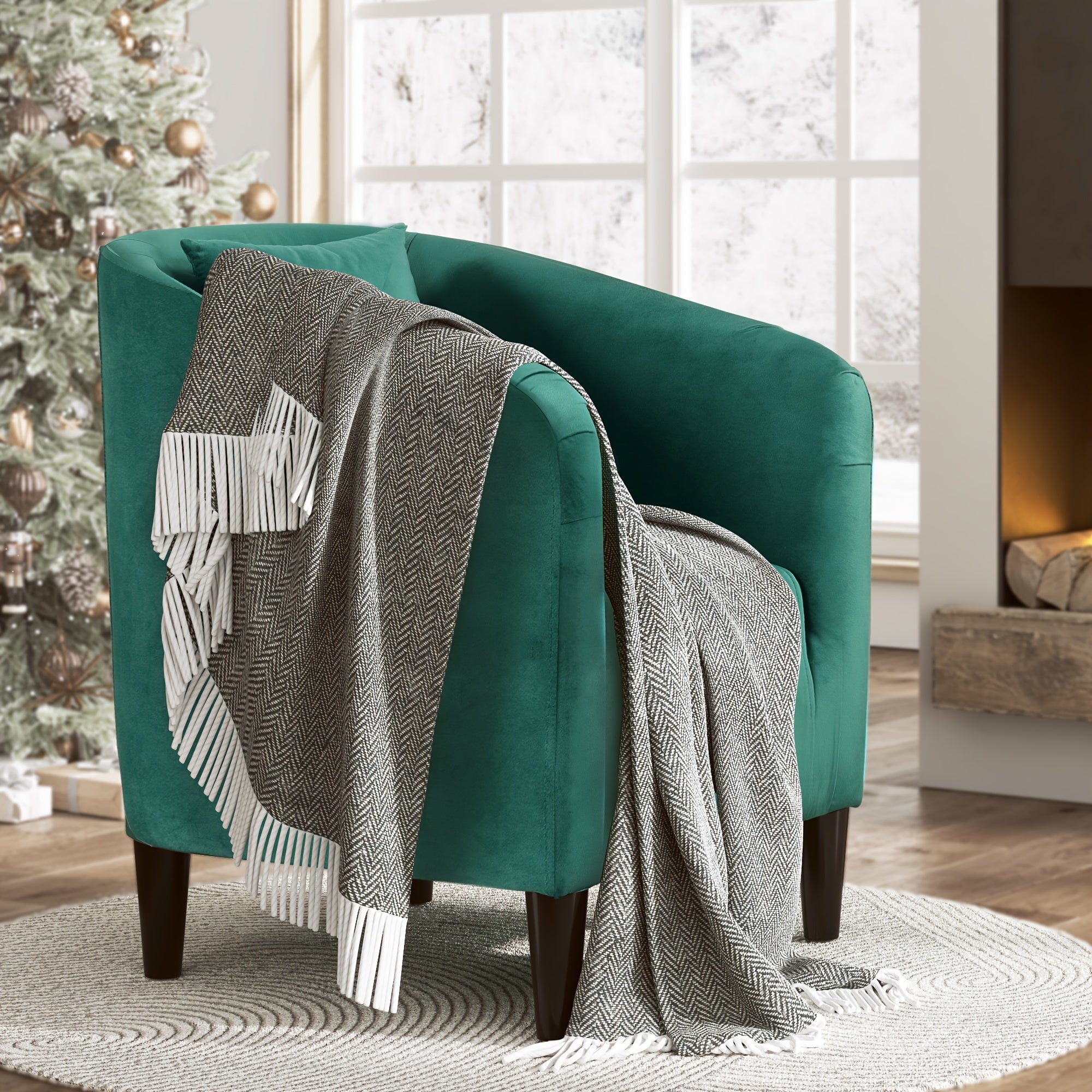 Green Velvet Barrel Chair with Pillow - Comfy Armchair with Wood Legs, Ideal for Living Room and Bedroom, Accent Chair