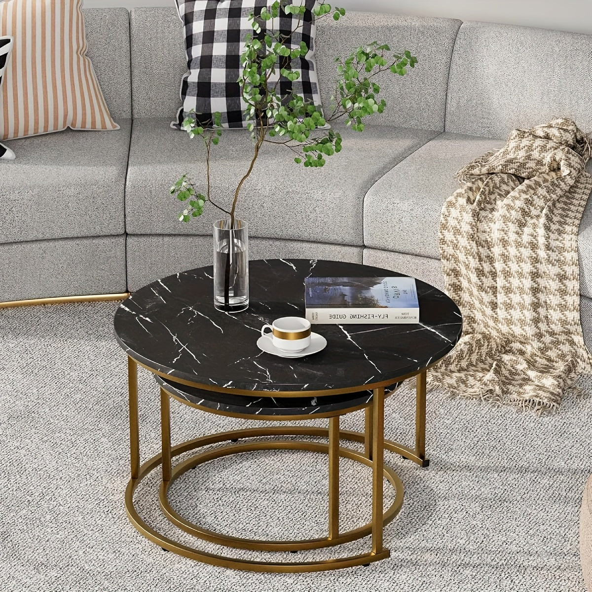 2pcs Nesting Coffee Table Set, Modern Round Coffee Tables for Living Room, Balcony, Office, Circle Table Accent End Side Table with Sturdy Golden Metal Frame, Easy Assembly