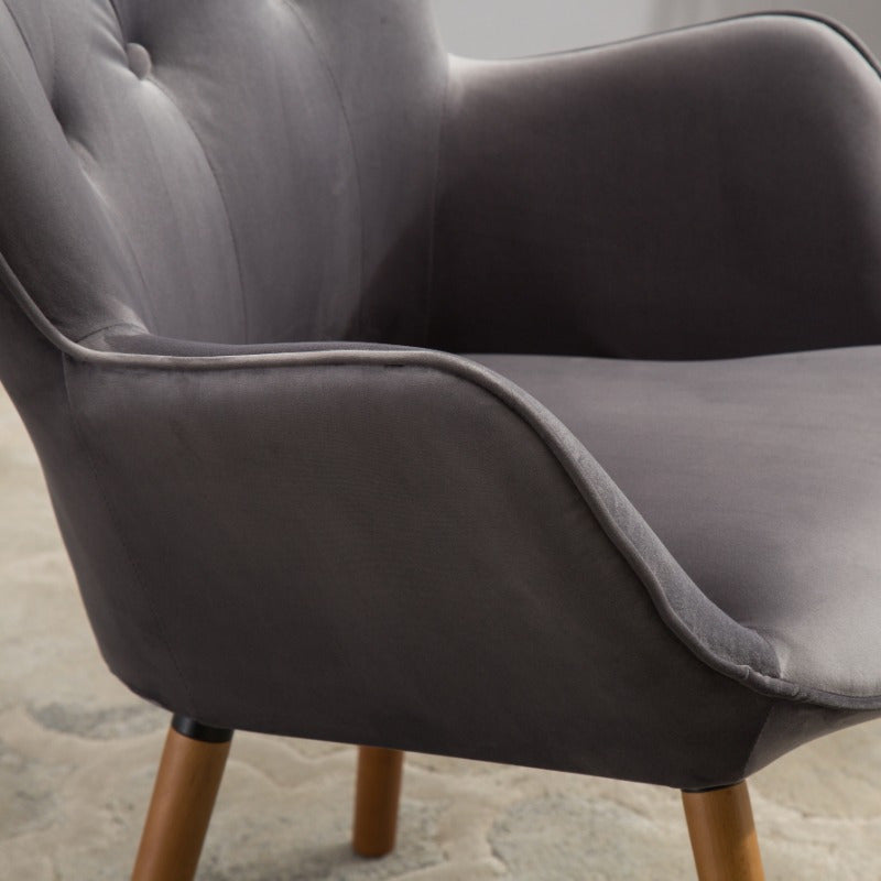 Contemporary Silky Velvet Button Back Accent Chair in Gray, Ideal for Lounge, Reading Nook, Adds Elegance and Comfort to Any Space