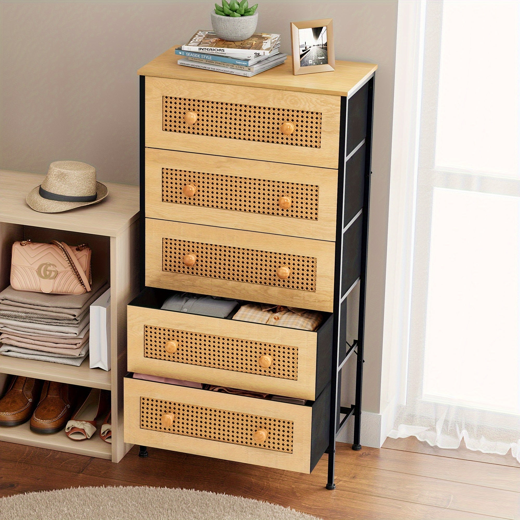 Dresser for Bedroom, Storage Drawers, Rattan Dresser Storage Tower with 5 Drawers, Chest of Drawers with Fabric Bins, for Kid room, Closet, Entryway, Nursery