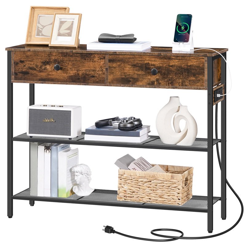 39.4 Inch Narrow Console Table, 2 Drawer Console Table, Entry Table with Charging Station, Small Entry Table, with Storage Rack, Thin Sofa Table, Side Table, Suitable for Living Room, Corridor