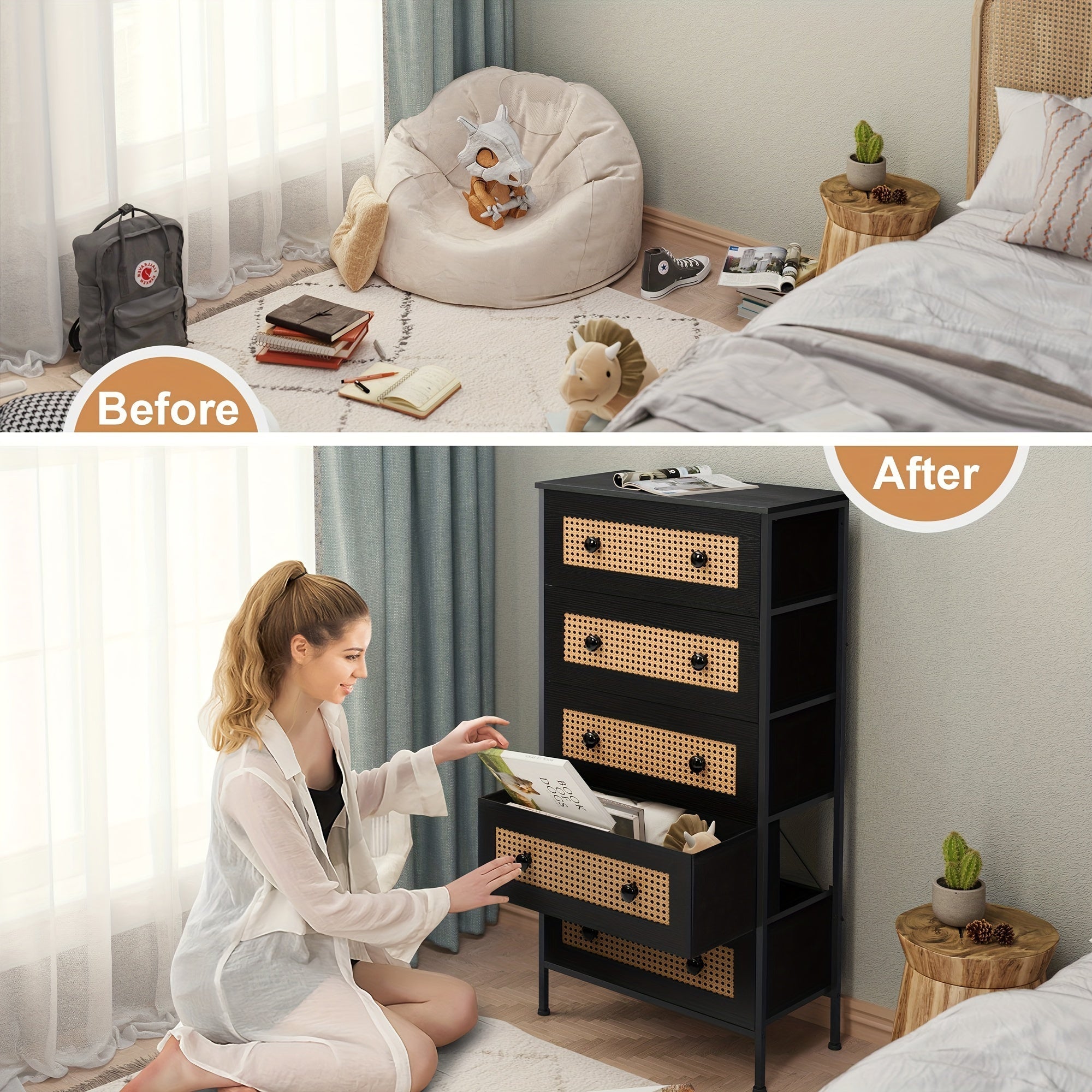 Rattan Dresser Storage Tower, Tall Fabric Dresser, Chests of Drawers, Wood Top &Wood Handles - Organizer Unit for Bedroom, Hallway, Entryway, Closets - 5 Drawers