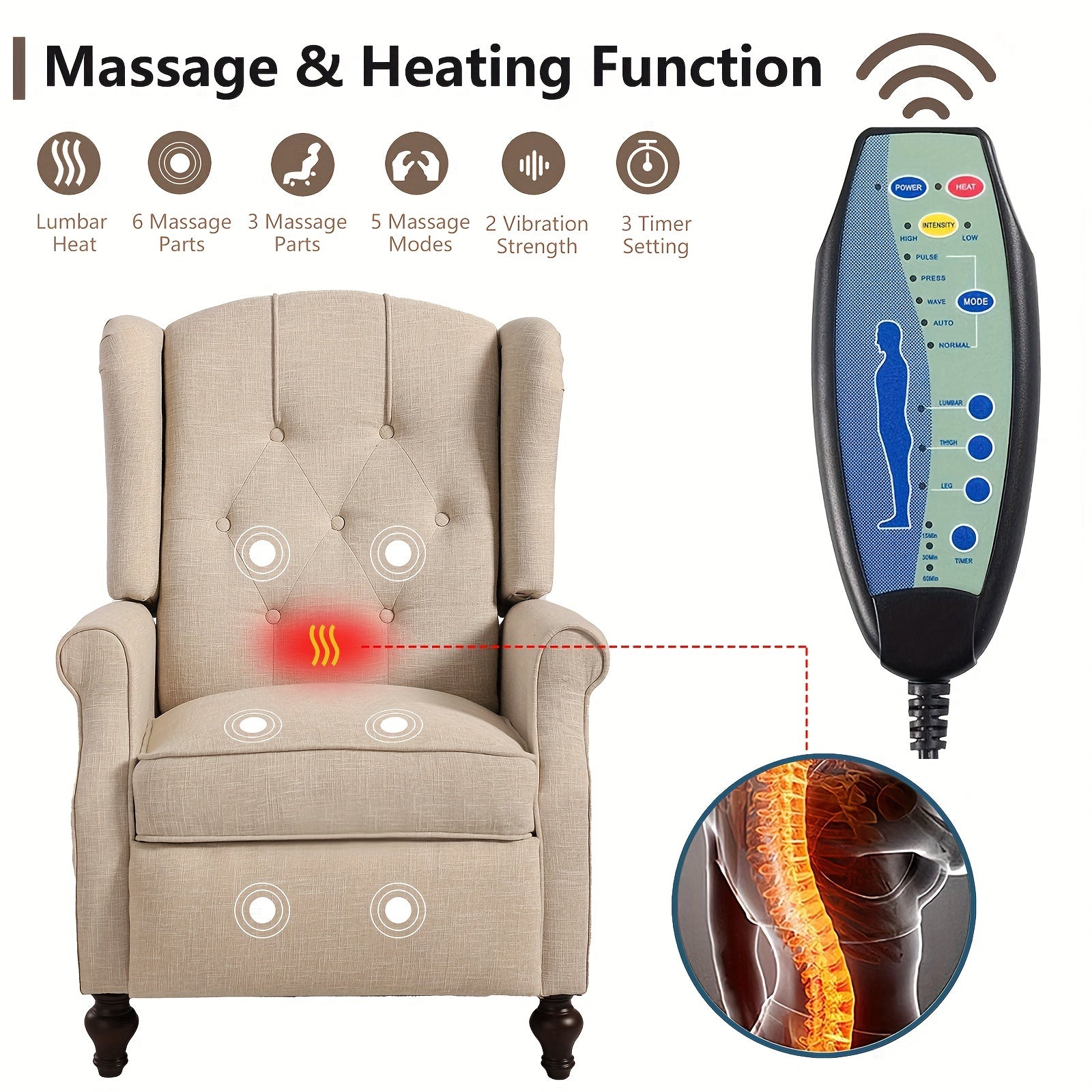 Recliner Chair With Massage And Heat Push Back Recliner Chair With Remote Control, Padded Cushion, Wooden Legs For Living Room