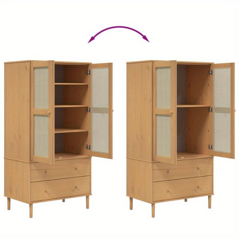 Wardrobe Rattan Look Brown 35.4"x21.7"x68.9" Solid Wood Pine, provides ample storage space, door surface is handcrafted cane