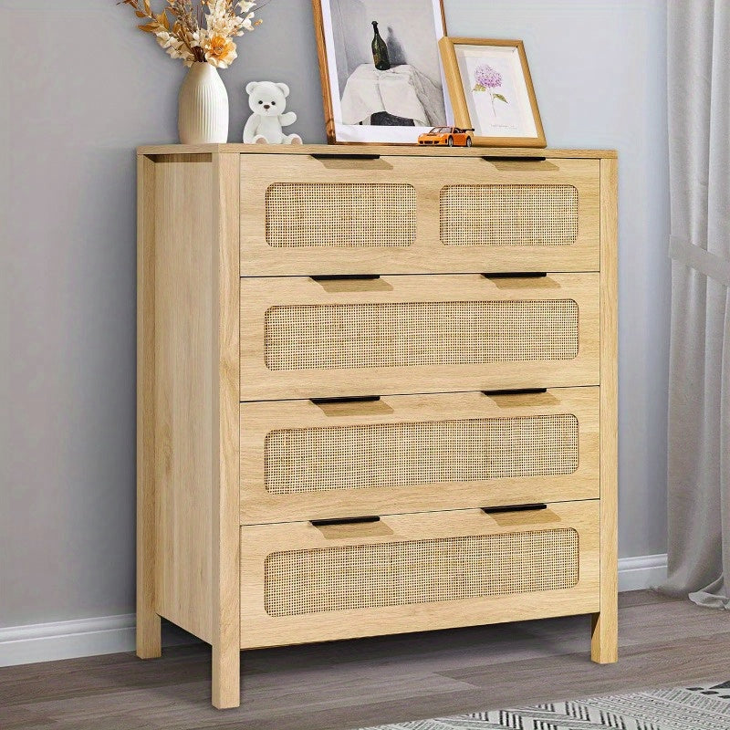 7 Drawer Rattan Dresser Boho Dresser Natural Rattan Chest of Drawers with Spacious for Bedroom Living Room and Hallway Rattan Nightstand with Sturdy HandlesandLegs Natural Wood