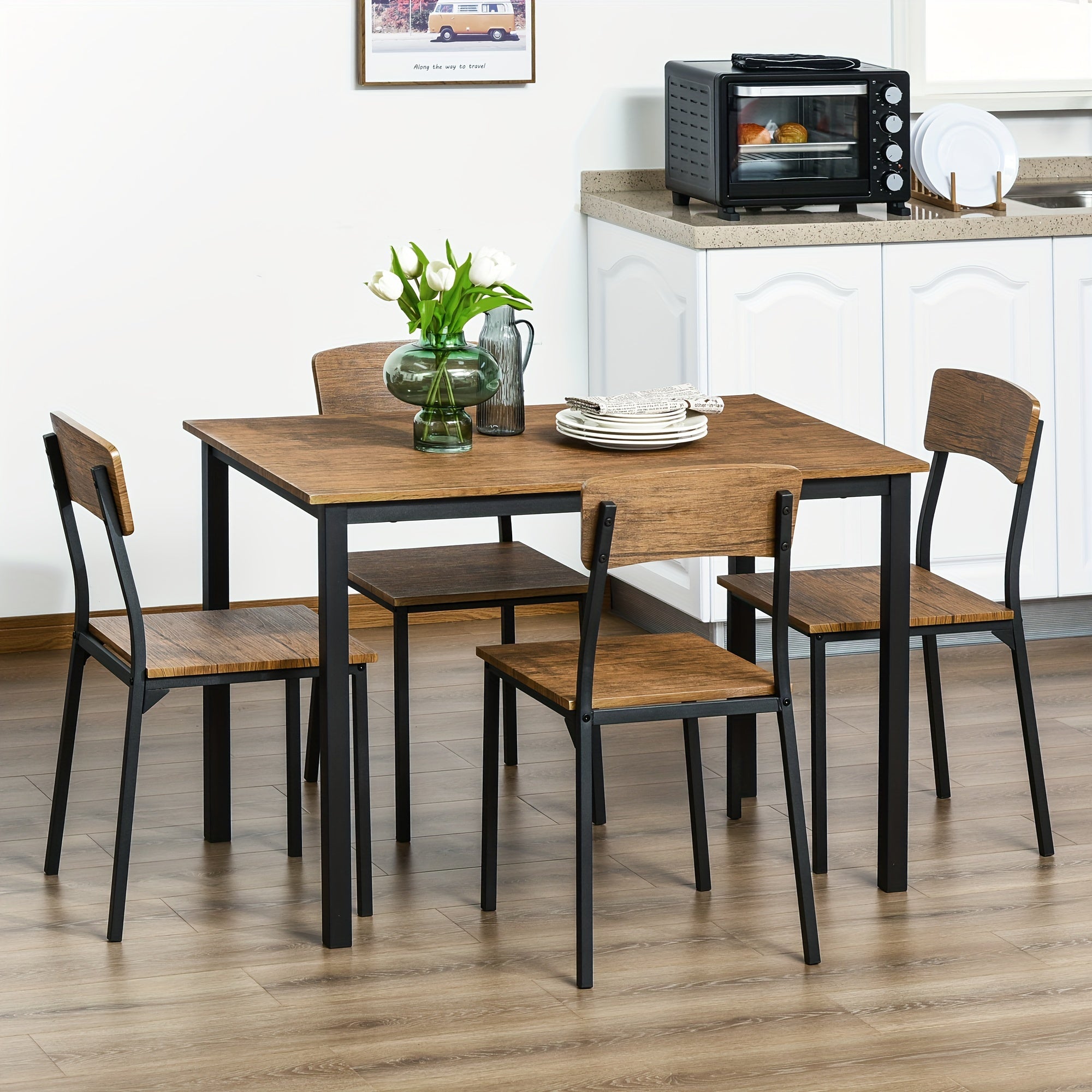 5 Piece Industrial Dining Table Set for 4, Rectangular Kitchen Table and Chairs, Dining Room Set for Small Space