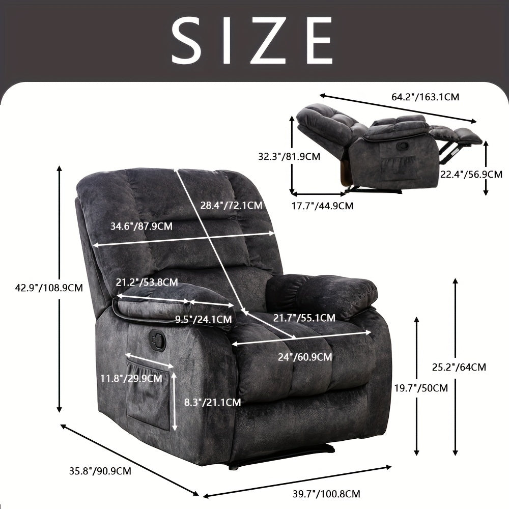 Soft Fabric Single Manual Recliner With Massage Heating, Black, Chocolate Brown, Camel