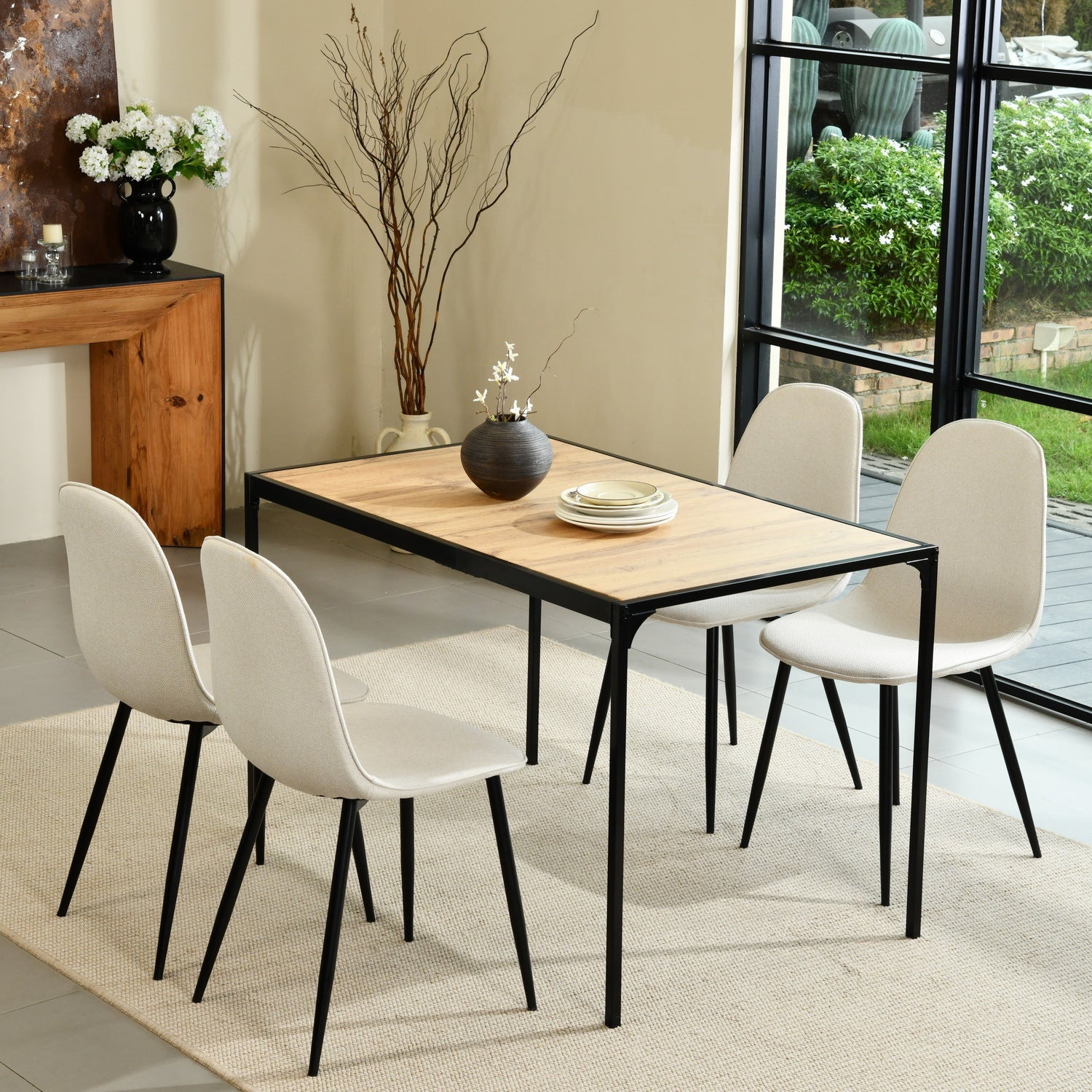 Modern 5-Piece Dining Set with Wood Top Table and Upholstered Chairs – Natural Wood or Walnut Finish Beige Chairs Black