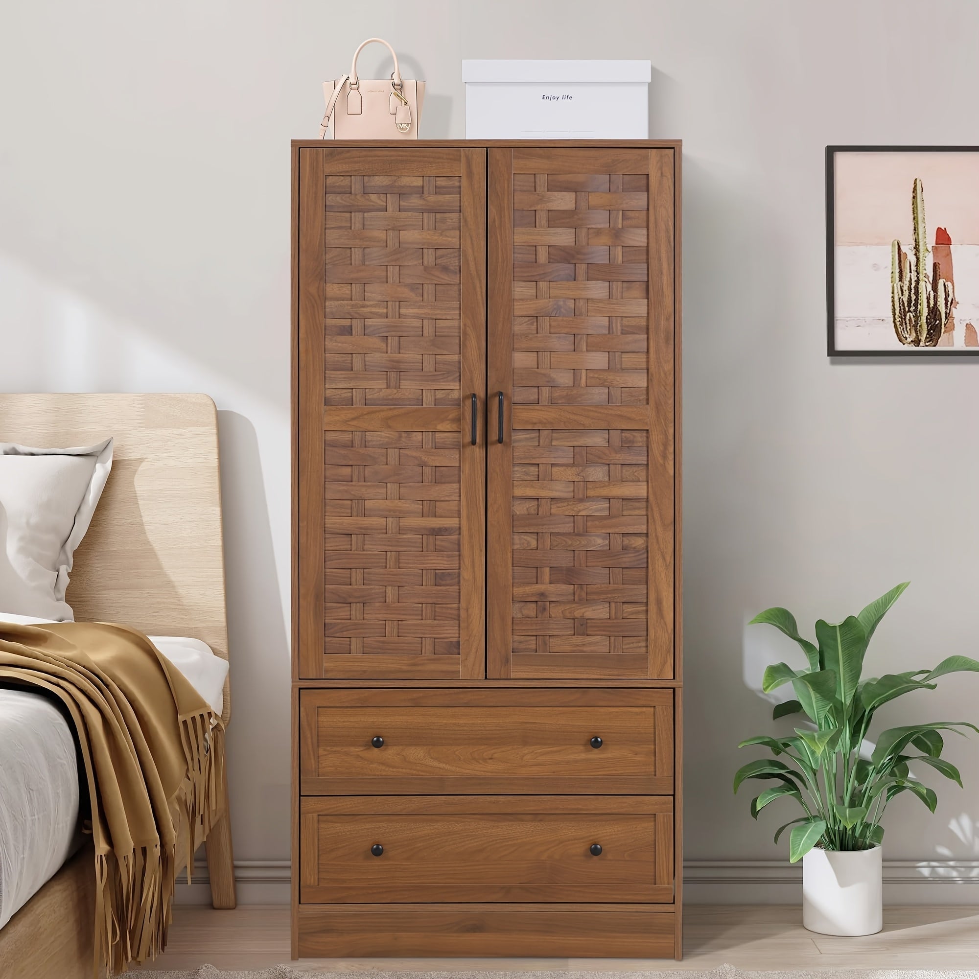 Armoire Wardrobe Closet, White Wardrobe Cabinet with 2 Woven Doors And 2 Storage Drawers, Freestanding Hanging Rail Closet, Easy-to-assemble, Bedroom Furniture