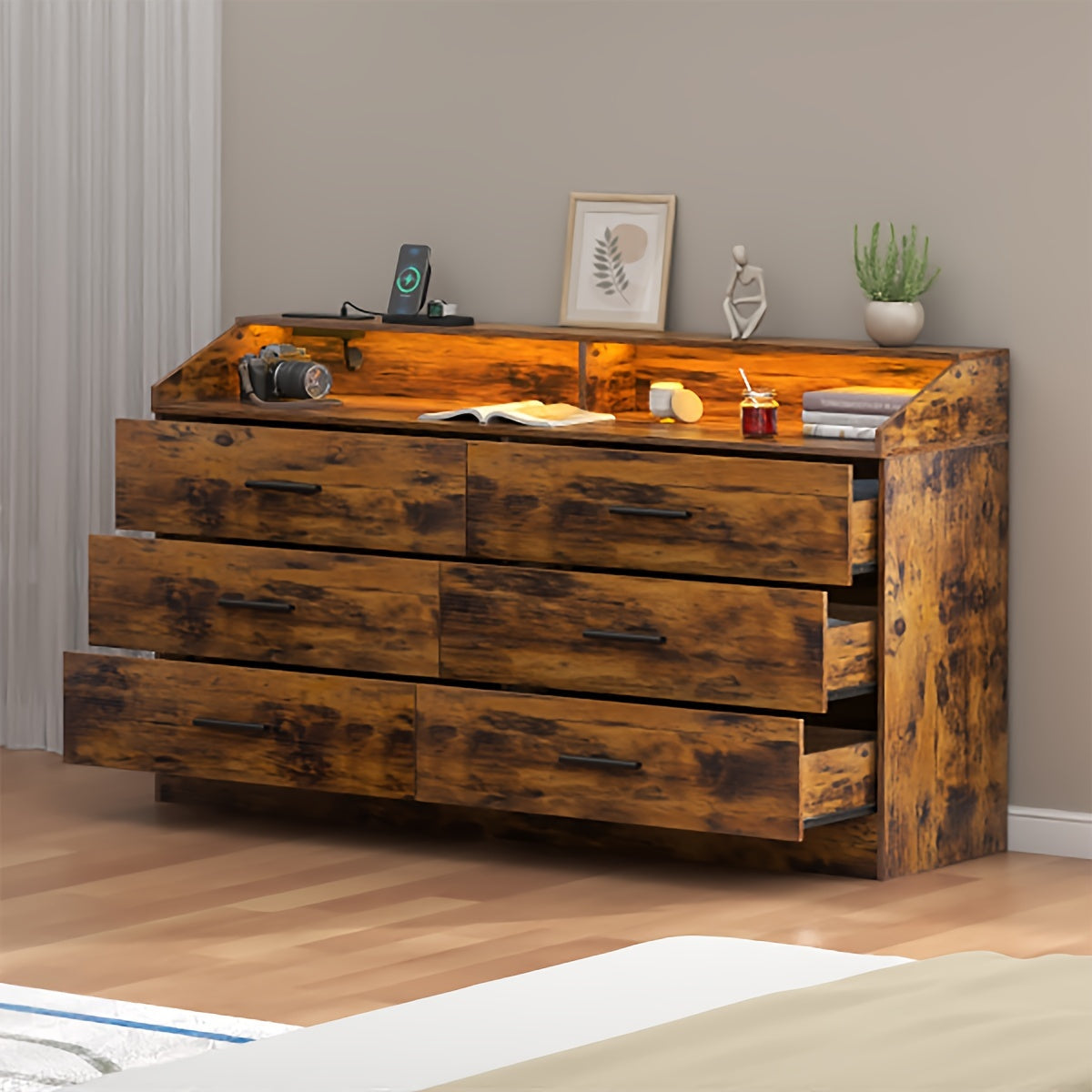 White Dresser For Bedroom 6 Drawers Dresser With Power Outlet Chest Of Drawers With LED Light Modern Dresser With Open