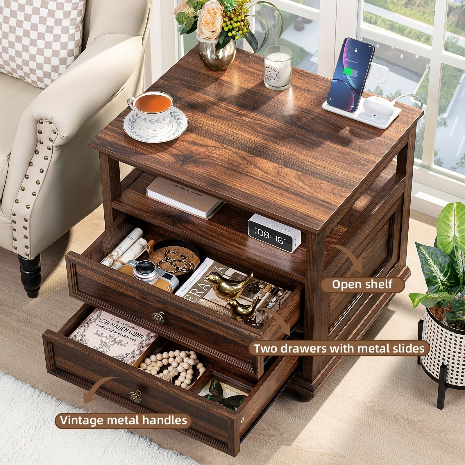 Farmhouse-Style Nightstand with Charging Station - 23.6" Wide, Dual Drawer, Brown Hardwood End Table - Ideal for Bedroom & Living Room, Features Modern Design with Smartphone Holder & Decorative Top