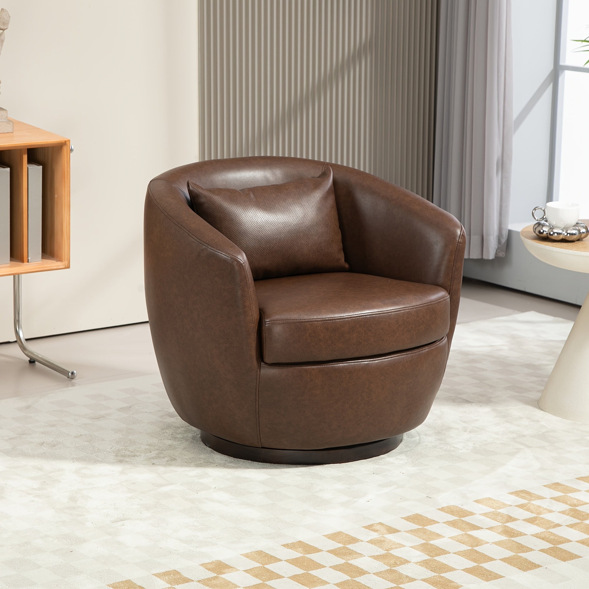 Upholstered Swivel Barrel Armchair With Storage Modern Living Room Side Chair For Bedroom/Office/Reading Spaces - PU Dark Brown