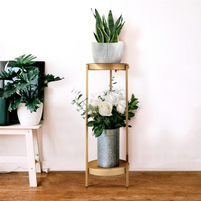 Elegant Golden 2-Tier Plant Stand - Foldable & Sturdy Metal Flower Holder, Perfect for Indoor/Outdoor Use, Supports up to 33 lbs