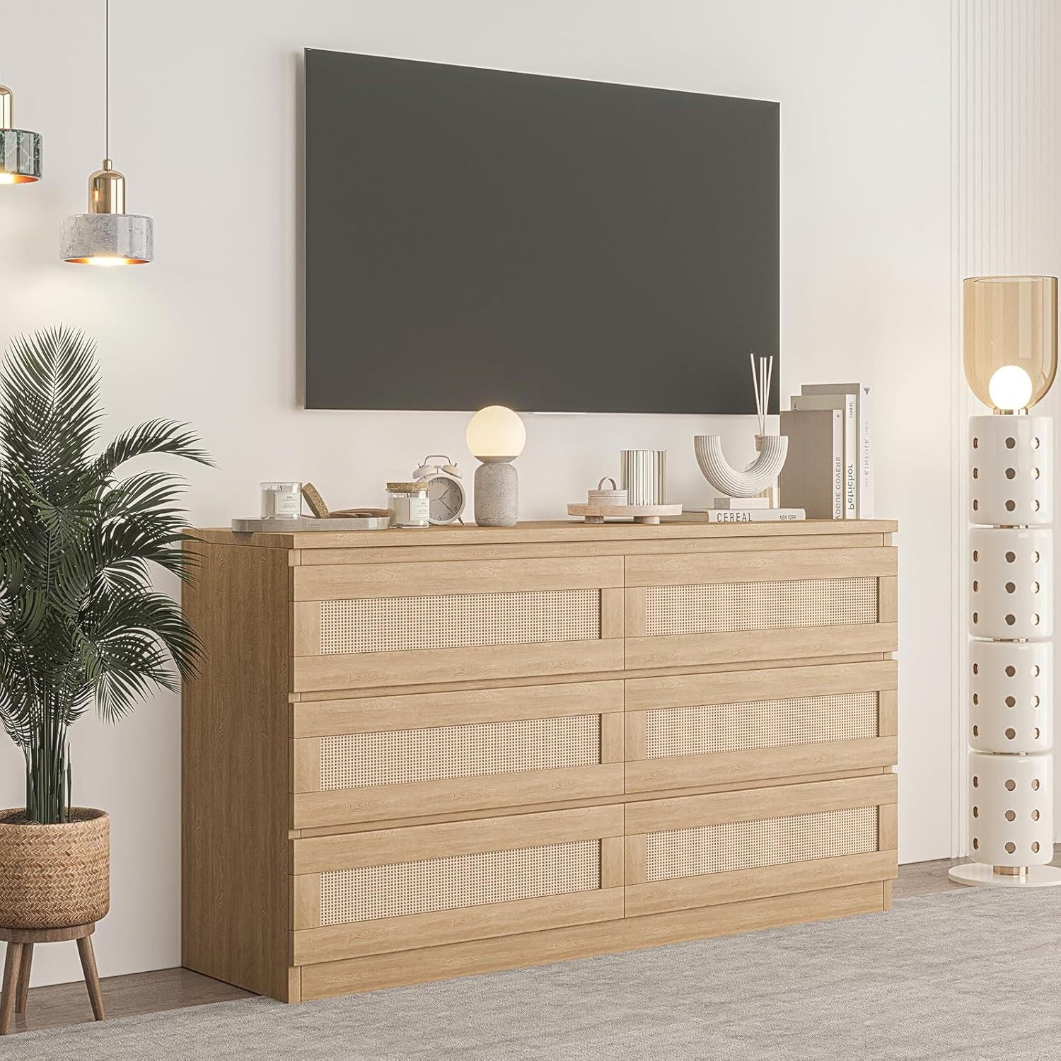 Rattan Dresser for Bedroom 6 Drawer Double Dresser for Bedroom with Smooth Mental Slide Modern Wood Chest of Drawers