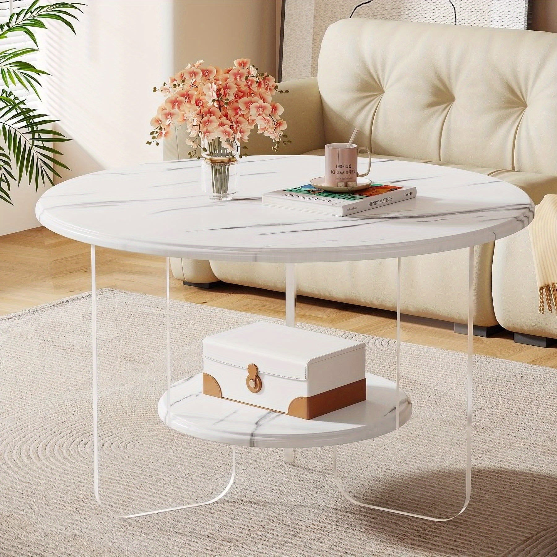 Chic 80cm Coffee Table with Faux Marble Top & Dual-Tier Clear Acrylic Frame - Durable Wood Construction