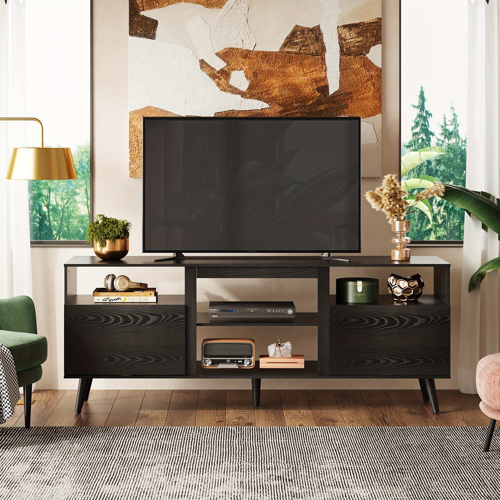 Mid-Century Modern TV Stand for 65" TV - Hardwood Console with Open Shelves, MDF & Particle Board Construction, Freestanding Entertainment Center for Living Room and Bedroom