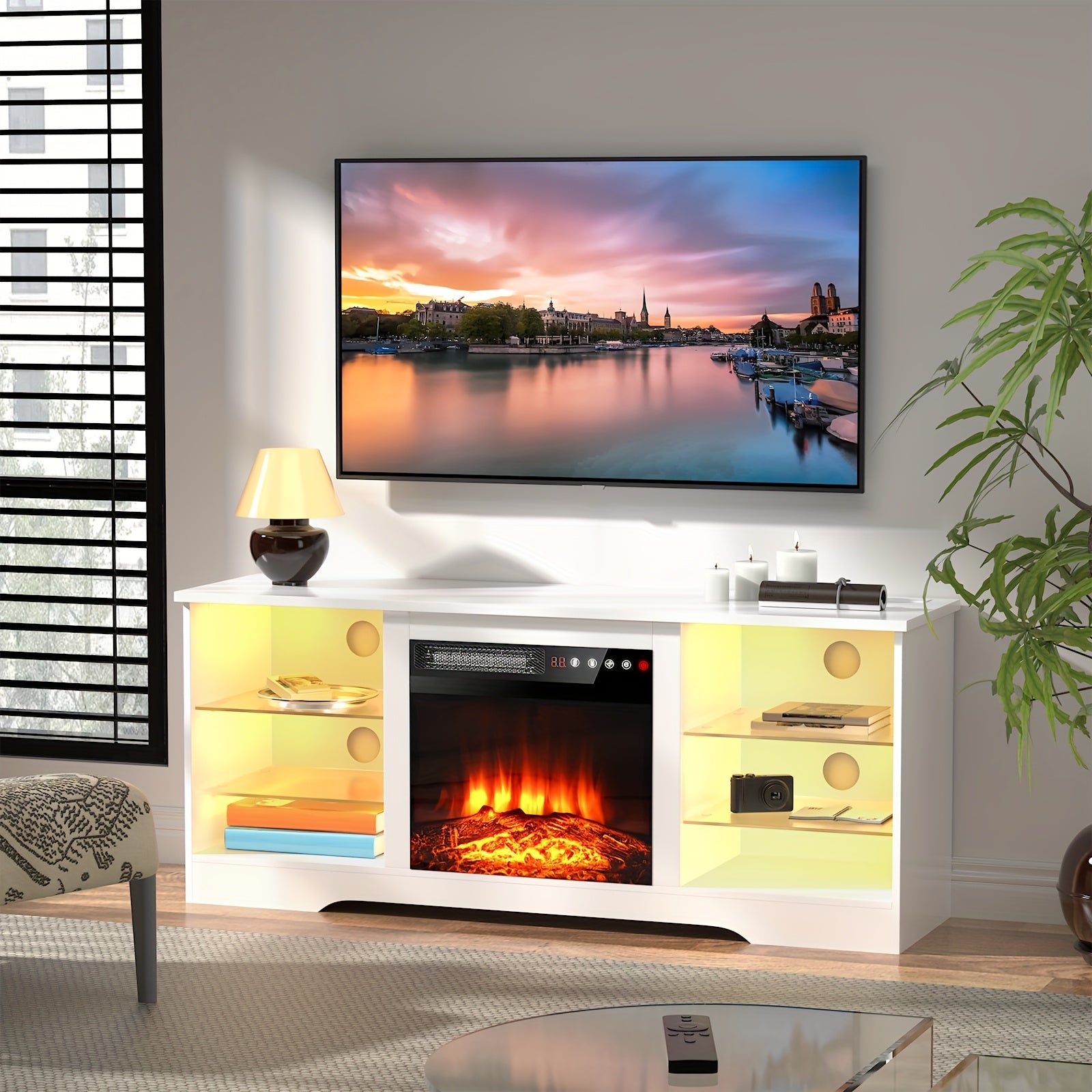 1pc Modern Electric Fireplace TV Stand, 58" Entertainment Center with 18" LED Fire, Freestanding Wooden Media Console for Up to 65" TVs, Glass Shelves, Cable Management, 110V-130V