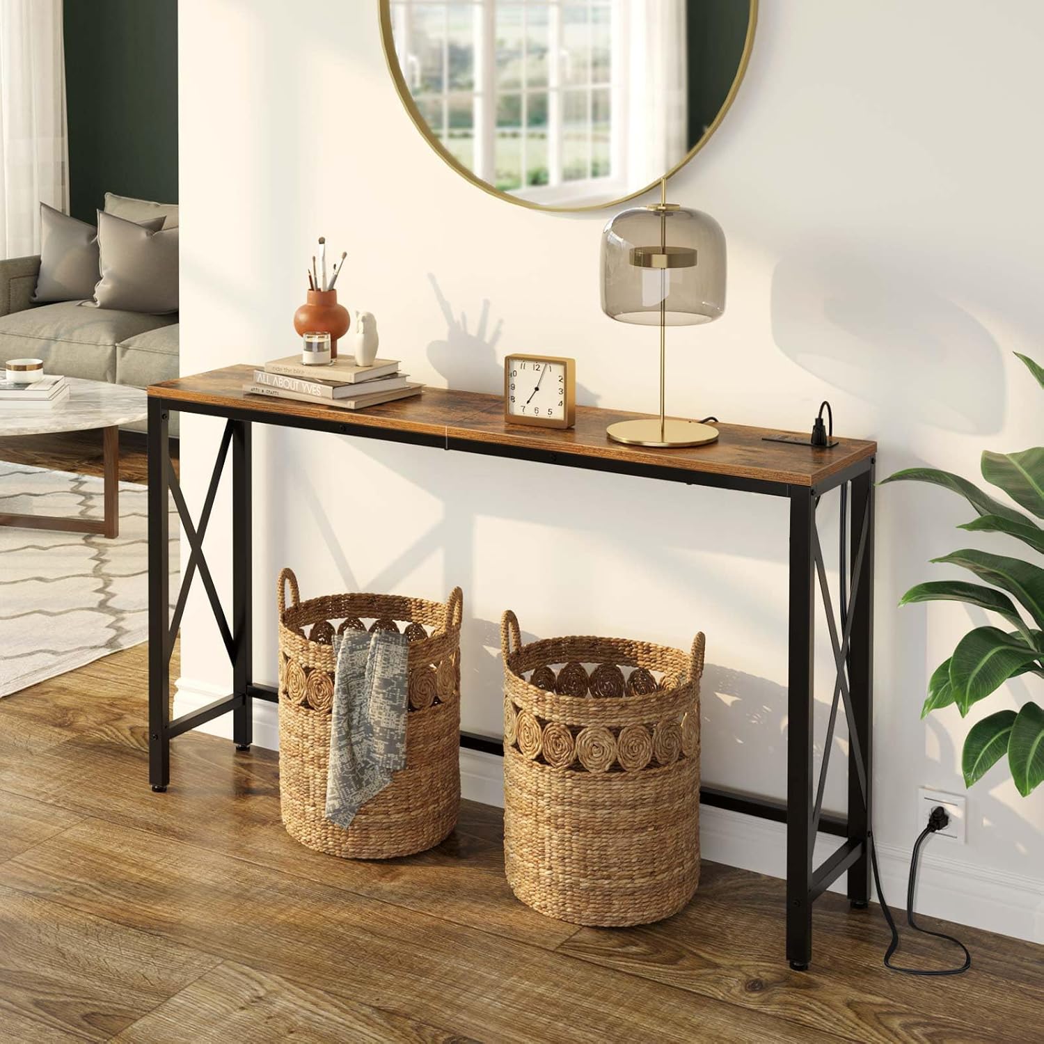 55.1/70.8 Inch Console Table with Outlet, Sofa Table with Charging Station, Industrial Entryway Table, Narrow Entryway Table, Skinny Hallway Table, Behind Couch Table, Behind Couch Table for Entryway, Hallway, Foyer, Living R