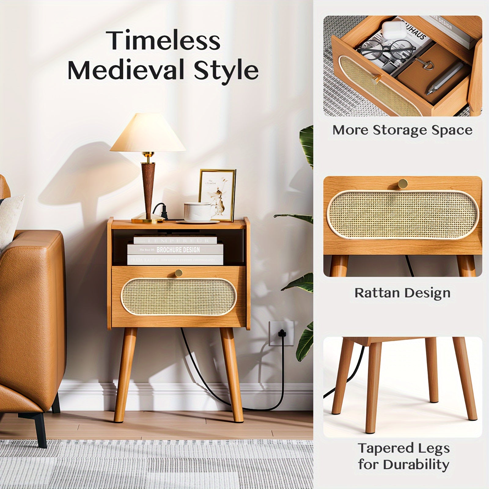Nightstands Set Of 2 Mid Century Modern Nightstand With Charging Station Rattan Side Table With Drawer End Table