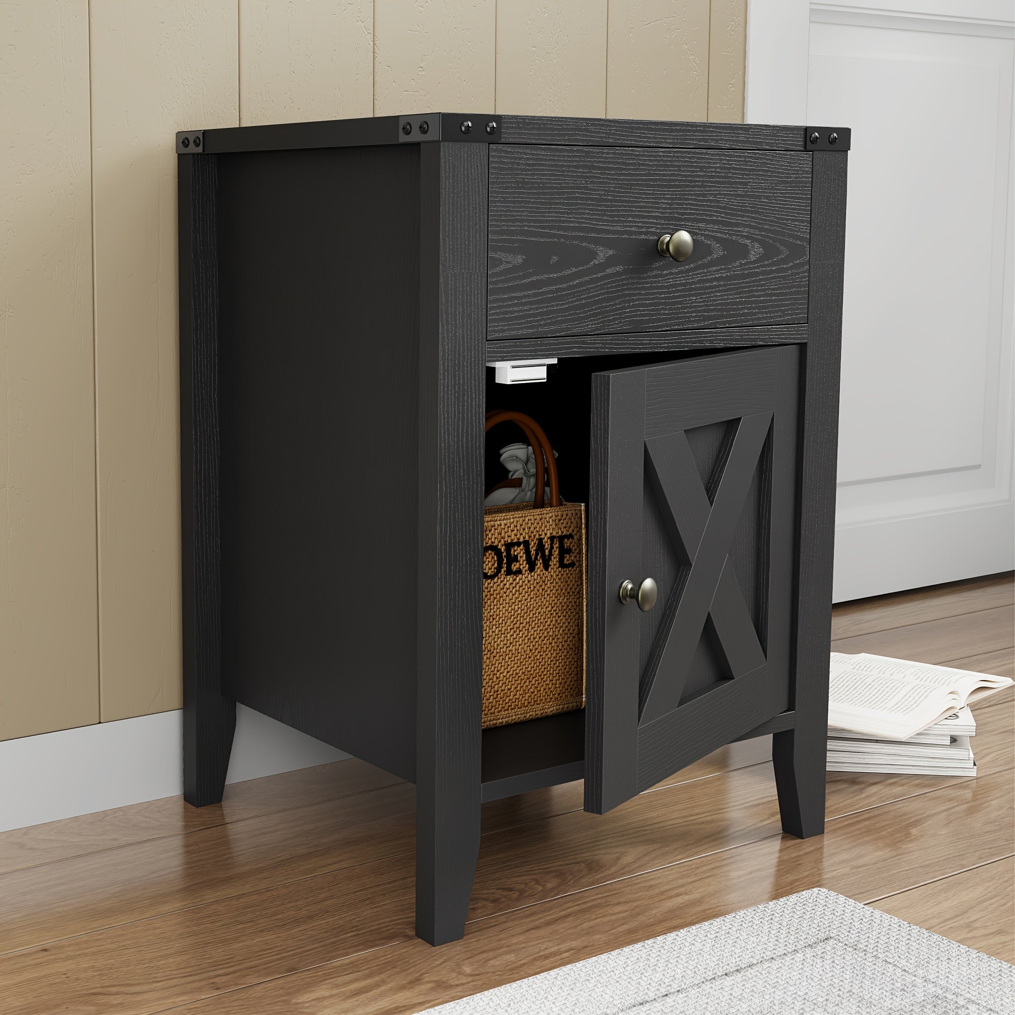 Bedroom 2pcs Set Bedside Table, Country Style Side Table with Large Drawer and Storage Cabinet