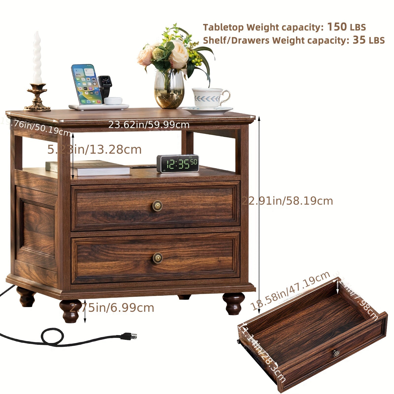 Farmhouse-Style Nightstand with Charging Station - 23.6" Wide, Dual Drawer, Brown Hardwood End Table - Ideal for Bedroom & Living Room, Features Modern Design with Smartphone Holder & Decorative Top