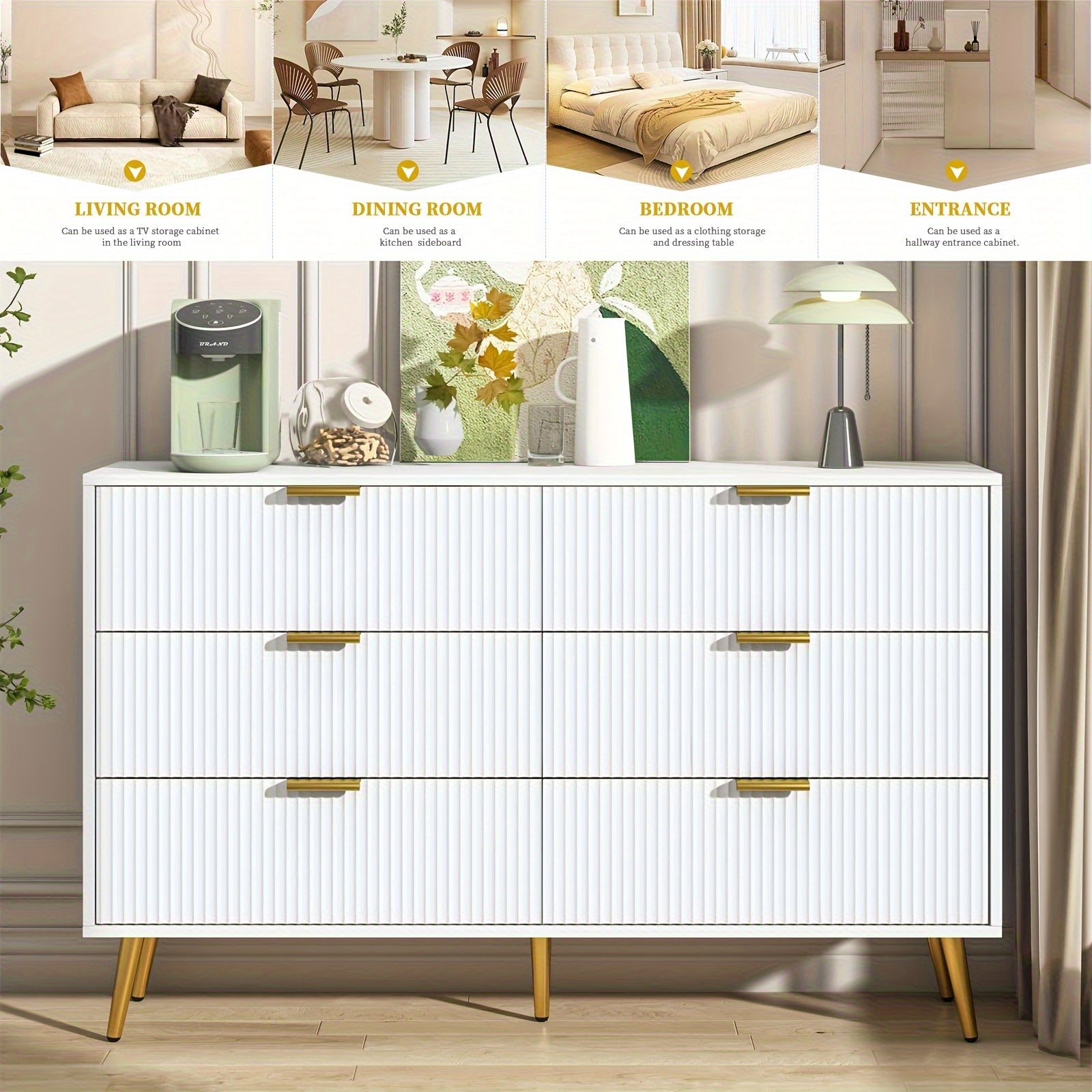 6 Drawer Double Dresser, Modern Dressers Chest of Drawers with Fluted Panel, Wide Wood Storage Dresser Organizer, Dresser TV Stand Cabinet for Bedroom, Living Room