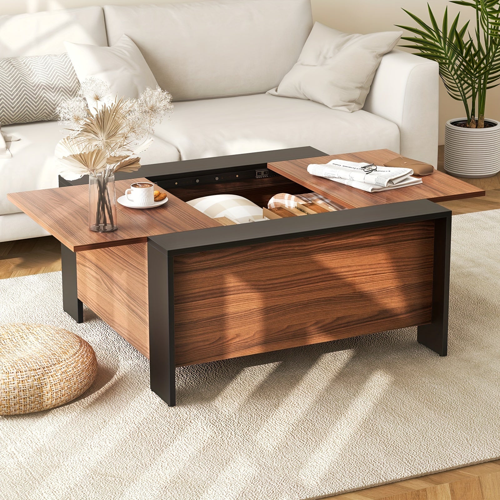 1pc Rustic Wooden Farmhouse Coffee Table with Hidden Storage - Extendable Sliding Top, 5 Sturdy Feet, Uncharged Wood Center Table for Living Room Office