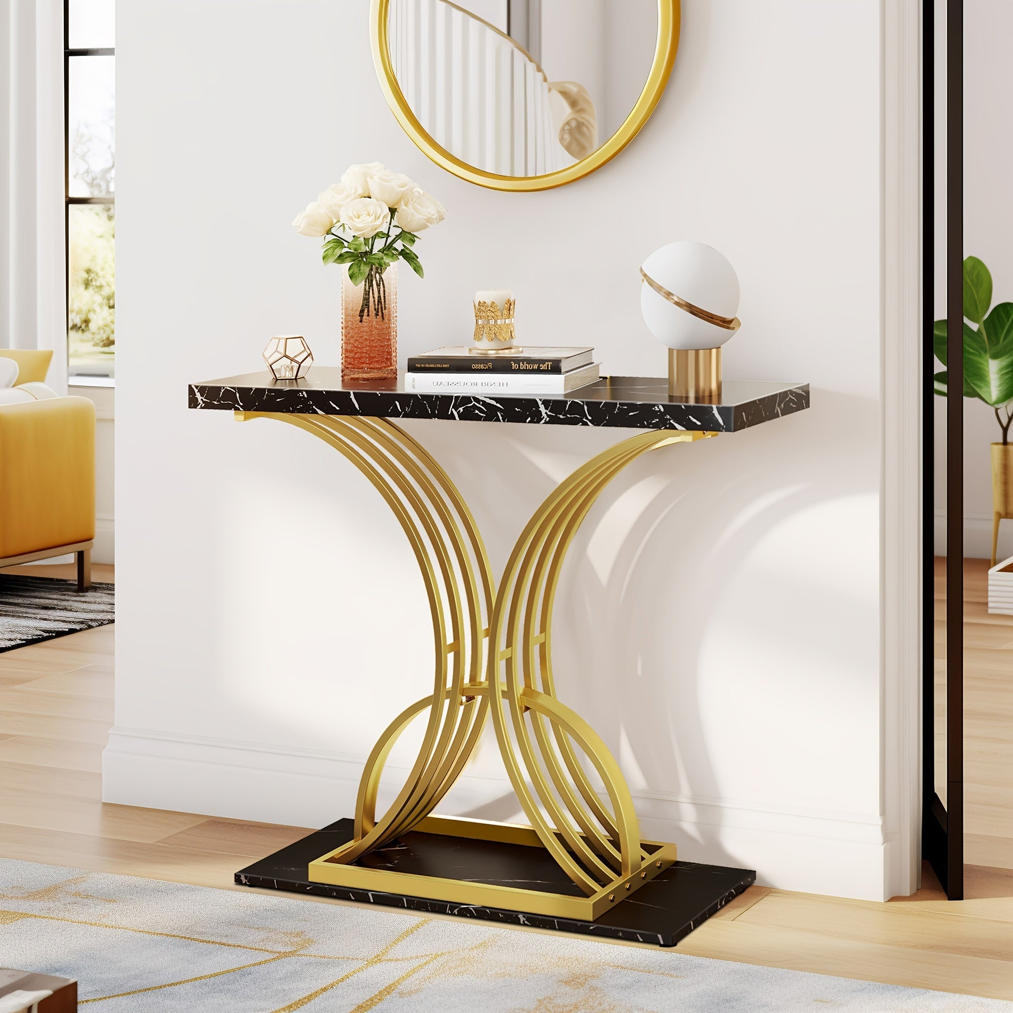 Elegant Marble- Topped Console Table with Adjustable Feet Pads Stylish Accent for Living Room, Entryway Bedroom