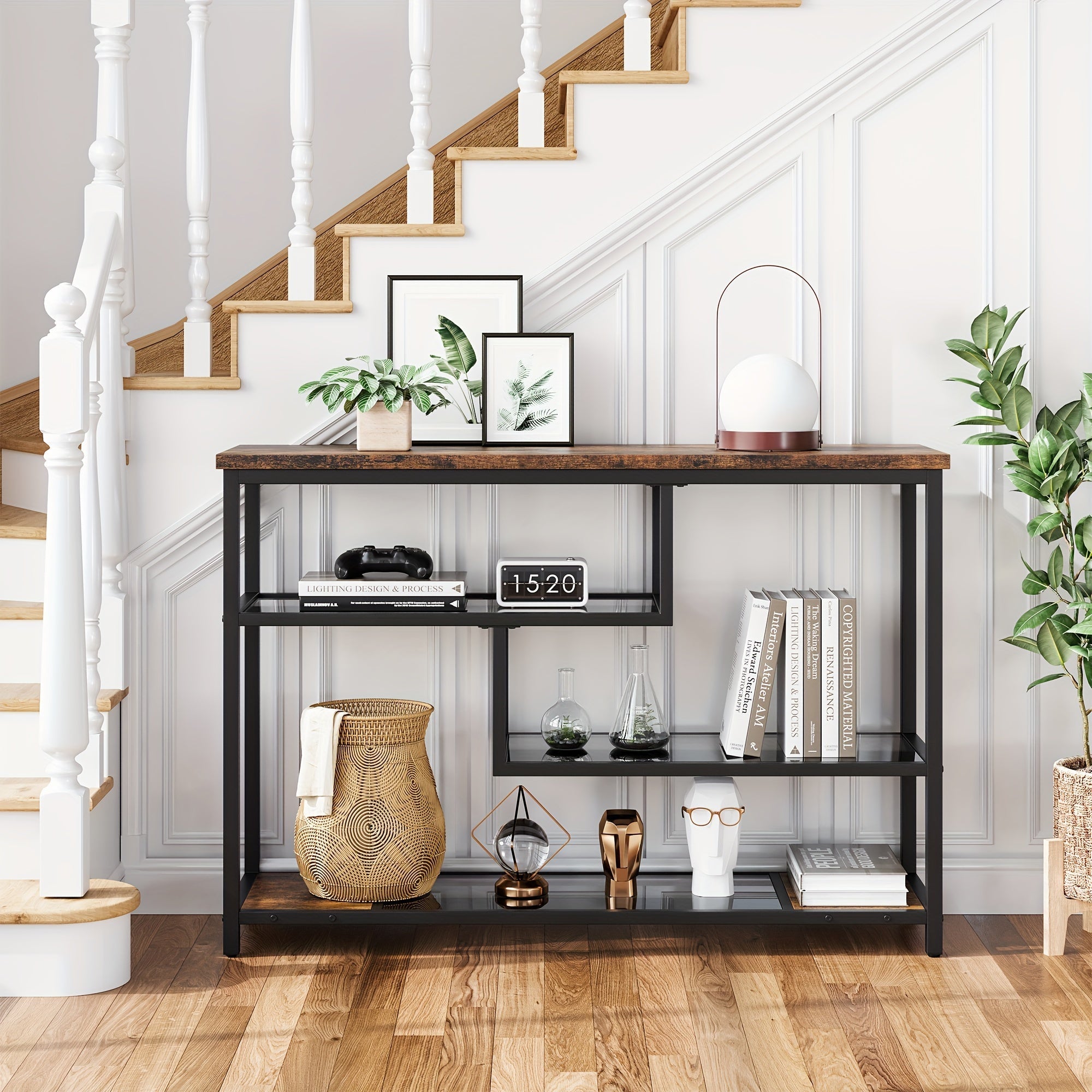 Entryway Table, 4-Tier Sofa Tables Narrow Console Table With Glass Shelf And Metal Frame, Behind Couch Table Industrial Hallway Table For Living Room, Foyer, Bedroom, Rustic Brown